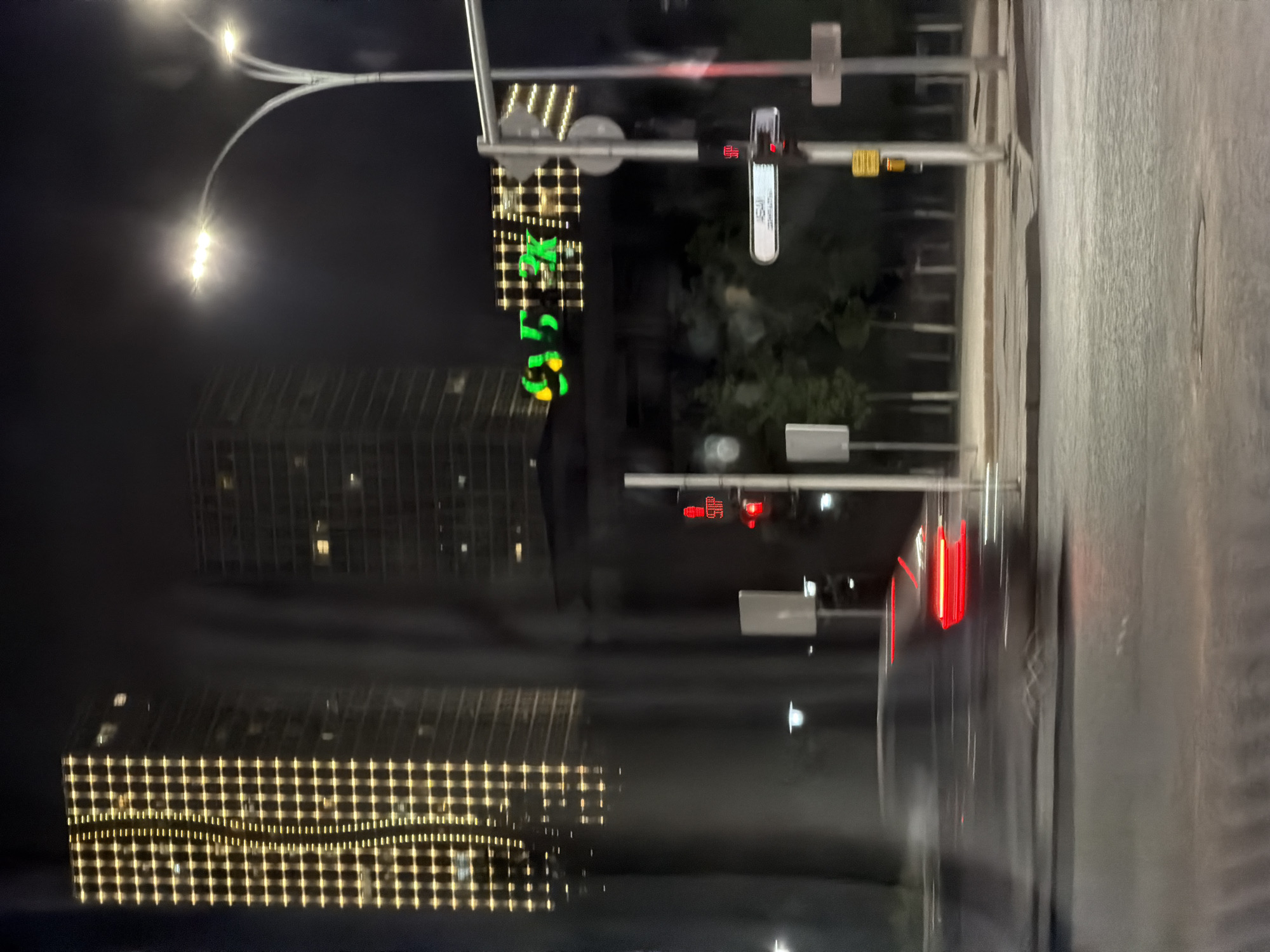 The image depicts a nighttime street scene in Astana, Kazakhstan, likely in the modern city center. In the background, two illuminated skyscrapers are visible. The left skyscraper is adorned with a grid of yellow lights, while the right skyscraper has a more subtle pattern of lights. A street lamp with multiple lights arcs over the road.
In the foreground, a car is moving from left to right, its red taillights blurred due to motion. A traffic light displays a red signal. Another traffic signal, possibly displaying a countdown timer with green numerals, is also present. A street sign with text is affixed to a pole. The road surface appears to be asphalt, and there are sidewalks and trees visible in the mid-ground. The overall impression is a busy urban environment at night.
