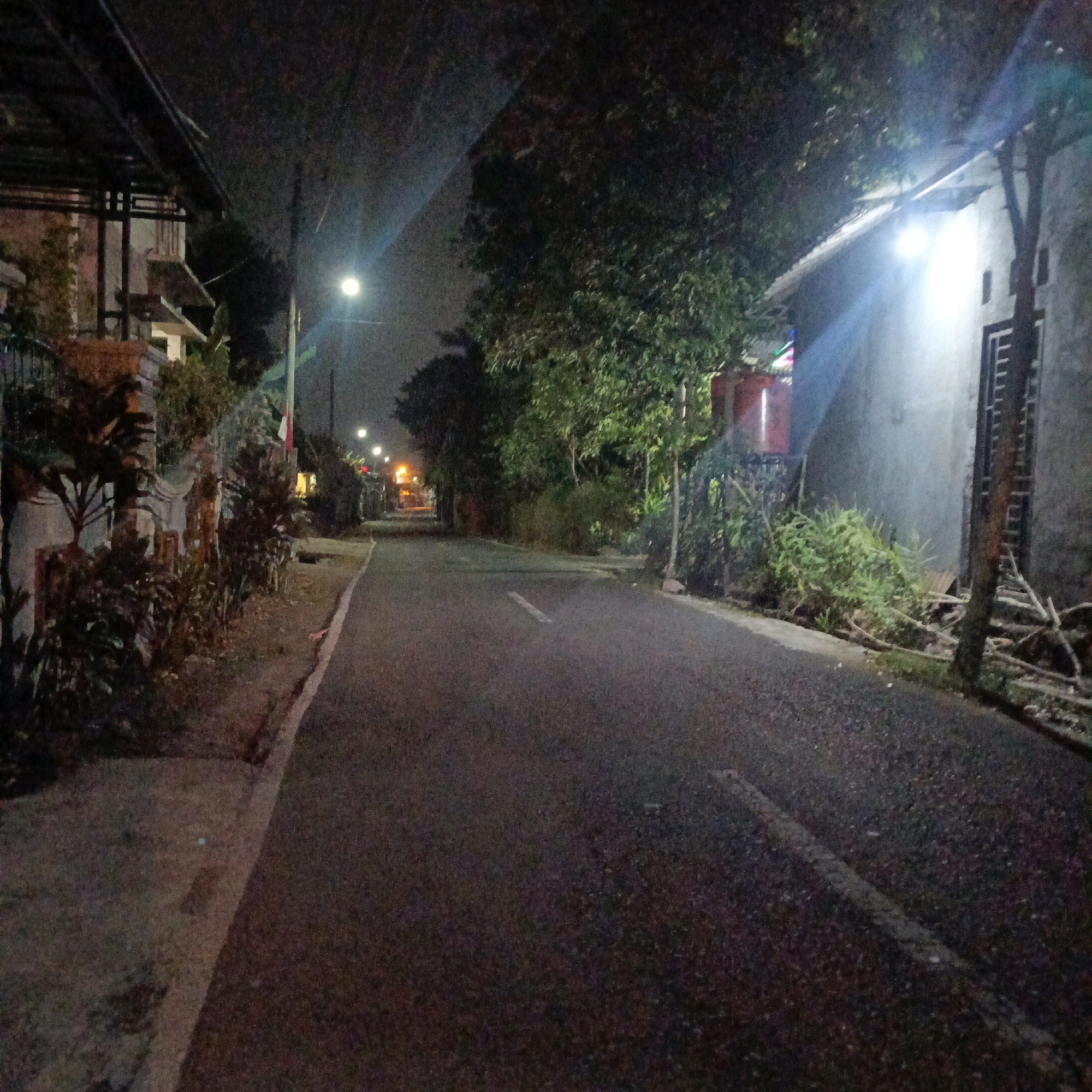 The image depicts a nighttime scene on a paved road in Salatiga, Indonesia. The road, which appears to be a residential street, is illuminated by artificial lighting from streetlights and from the windows of adjacent buildings. On the left side of the road, a building with a sloped roof and ornate fencing is visible, with dense foliage and plants in front of it. A street lamp is visible above the building. Further down the road, more greenery and the faint glow of other lights can be seen. On the right side of the road, a building with a rough, light-colored wall and a corrugated roof is prominent. A tree stands next to this building, and bright light emanates from a window or opening on the wall, creating a lens flare effect. The road itself has a white line painted down the center in some sections. The overall impression is of a quiet, dimly lit urban or suburban environment at night.