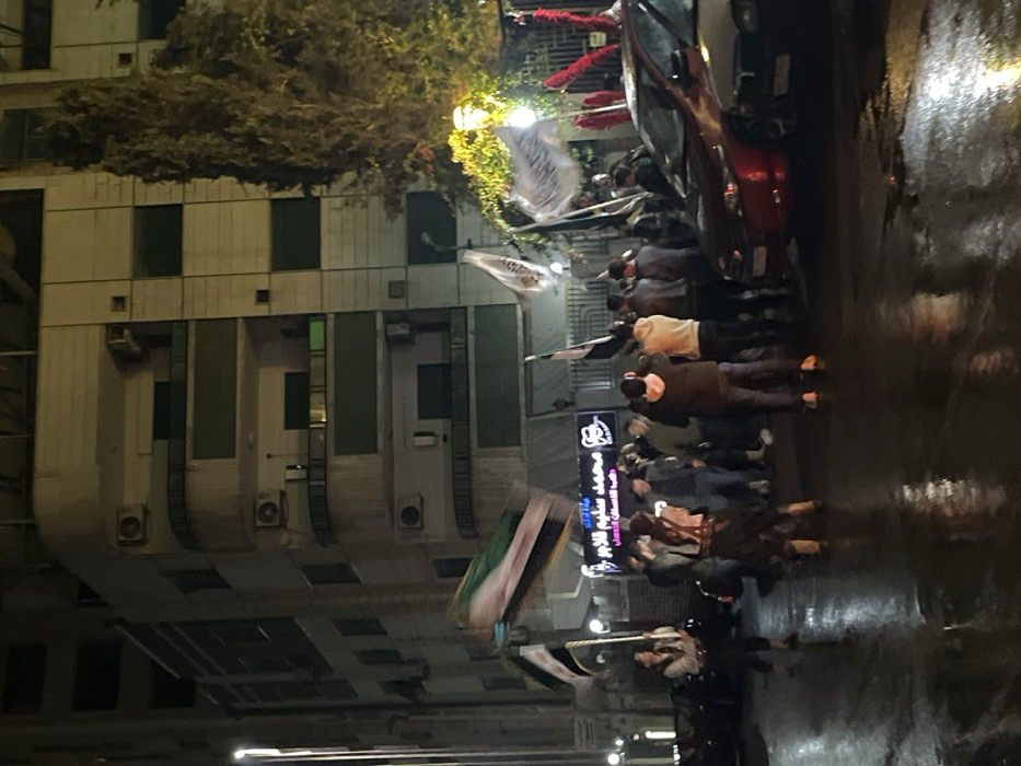 A nighttime scene depicts a gathering of people on a wet street. They hold flags, some in motion, suggestive of a protest or demonstration. A multi-story building is visible on the left, along with a red car on the right. Streetlights illuminate the scene. The presence of masks on some individuals suggests a health concern or safety measure.