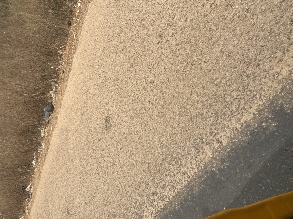 A close-up, slightly angled view reveals a rough, textured asphalt surface taking up most of the frame. To the left, a thin strip of dry, brown grass and debris runs along the edge. A dark, indistinct shape casts a shadow towards the lower right, partially obscuring the asphalt. The lower corner contains a glimpse of a bright yellow object, likely part of a vehicle or machinery. The overall tone is muted and earthy.