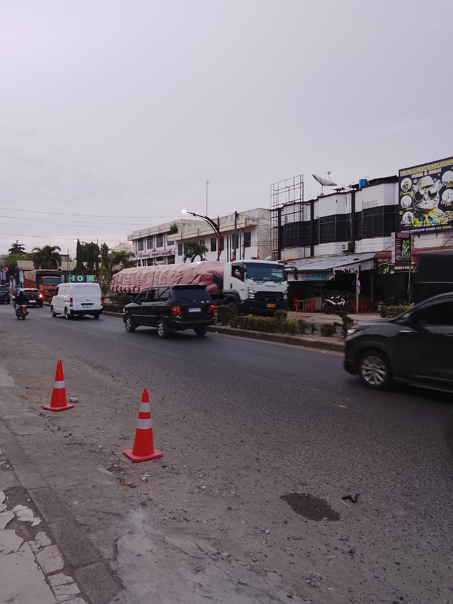 The image depicts a street scene in Lhokseumawe, Indonesia, likely during twilight hours due to the overcast sky and ambient lighting. The road is paved and appears to be a busy thoroughfare, with several vehicles present.
In the foreground, two orange traffic cones with white reflective stripes are positioned on the side of the road, indicating potential roadwork or a hazard. The road surface shows signs of wear and tear, with some patches of loose gravel and debris.
Several vehicles are on the road, including a white van, a black SUV, and a truck carrying a large, covered load. A motorcycle is also visible, with a rider wearing a helmet. The vehicles are in motion, suggesting traffic flow.
On the right side of the road, buildings line the street. One building prominently features a large billboard advertising a cat show, with colorful imagery of cats and text in Indonesian. Other buildings appear to be shops or businesses, with awnings and signage visible. Some of the buildings have a modern architectural style with dark-paneled sections.
On the left side of the road, more buildings and trees are visible. A street lamp with a curved arm is present. The overall impression is that of a commercial and traffic-heavy area within the city. The environment appears urban with a mix of commercial establishments and infrastructure.