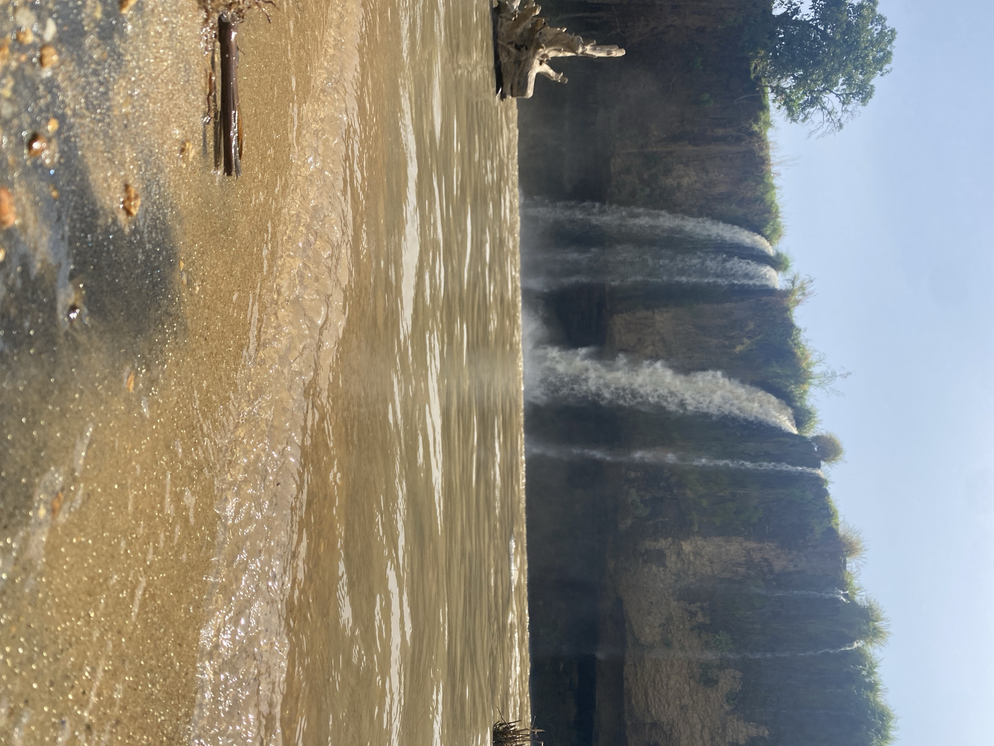 The image, when viewed in its correct orientation, captures a majestic natural landscape featuring a series of waterfalls. The foreground is dominated by a broad expanse of muddy, brown water, likely the river or stream immediately before it cascades over the cliff. This water displays visible ripples and reflections, indicating movement and possibly a sunny day. A piece of light-colored driftwood or roots is partially submerged near the upper left edge of this water body.
In the midground, multiple streams of white, foamy water plunge dramatically over a rugged, rocky cliff face. The cliff is partially covered with sparse green vegetation, including grass and small shrubs that cling to its ledges and crown its top. The turbulent waters create a misty effect at the base of the falls.
Above the cliff and waterfalls, a clear, light blue sky occupies the background, suggesting bright and sunny weather. A mature tree with dense green foliage stands prominently on the top right edge of the cliff, silhouetted against the sky. The overall bright illumination indicates it is daytime, likely mid-morning or early afternoon.
There are no people or man-made structures visible in the frame, emphasizing the pristine natural beauty of the scene. No text is discernible. This image likely depicts a scenic waterfall landmark, characteristic of the natural geography of a region like Maigizo, Nigeria, known for its diverse landscapes. The muddy color of the water suggests a river carrying a significant amount of sediment.