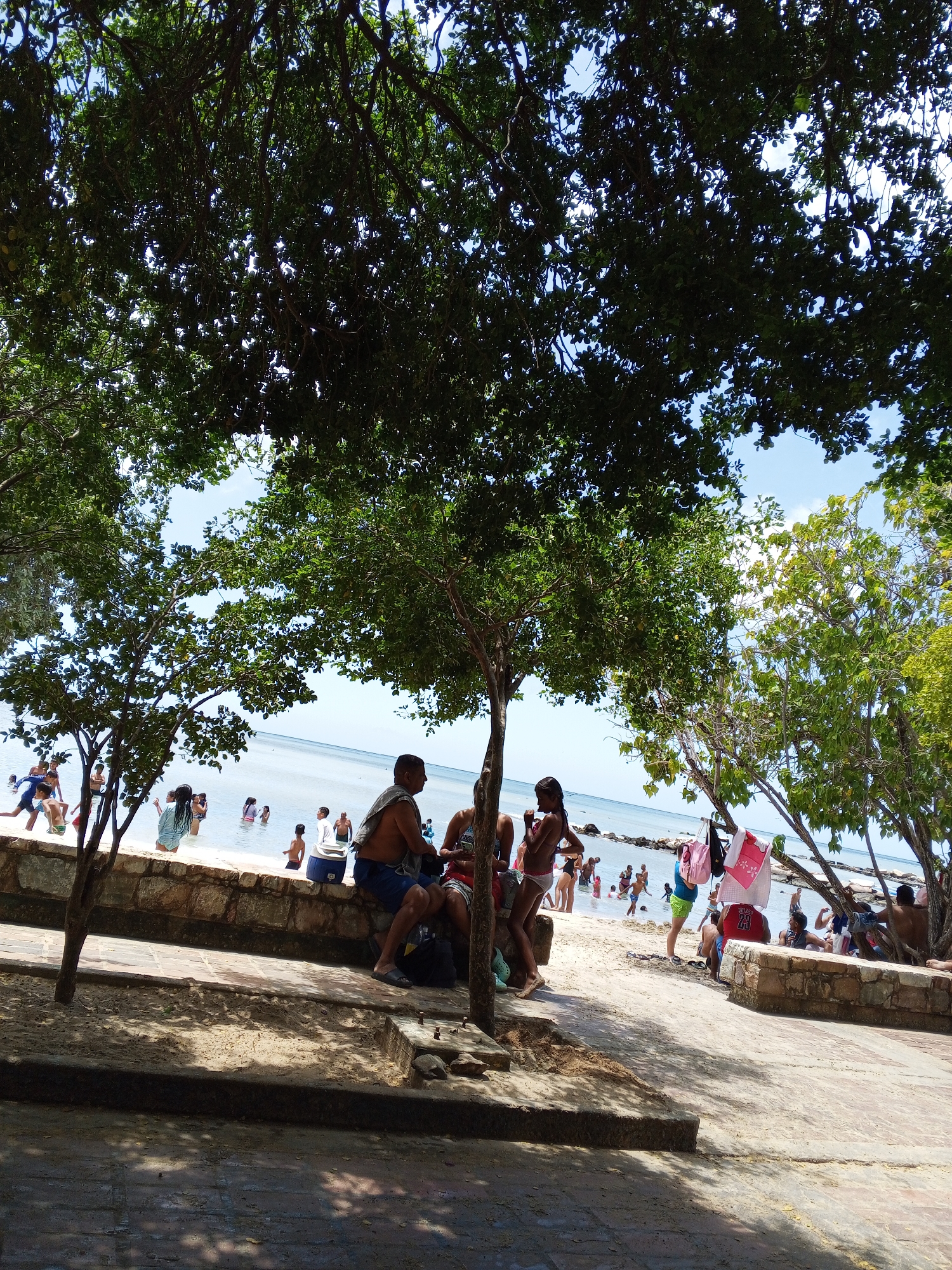 The image shows a beach scene in Pedro González, Venezuela. Numerous people are wading in the water, swimming, and standing along the shoreline. In the foreground, a low stone wall separates the beach from a paved area. Several individuals are sitting or standing near the wall, including a man with a towel draped over his shoulder, and a young girl in a bathing suit. Clothing items are hung on the branches of trees that provide shade over the area. The sky is visible through the canopy of trees.
