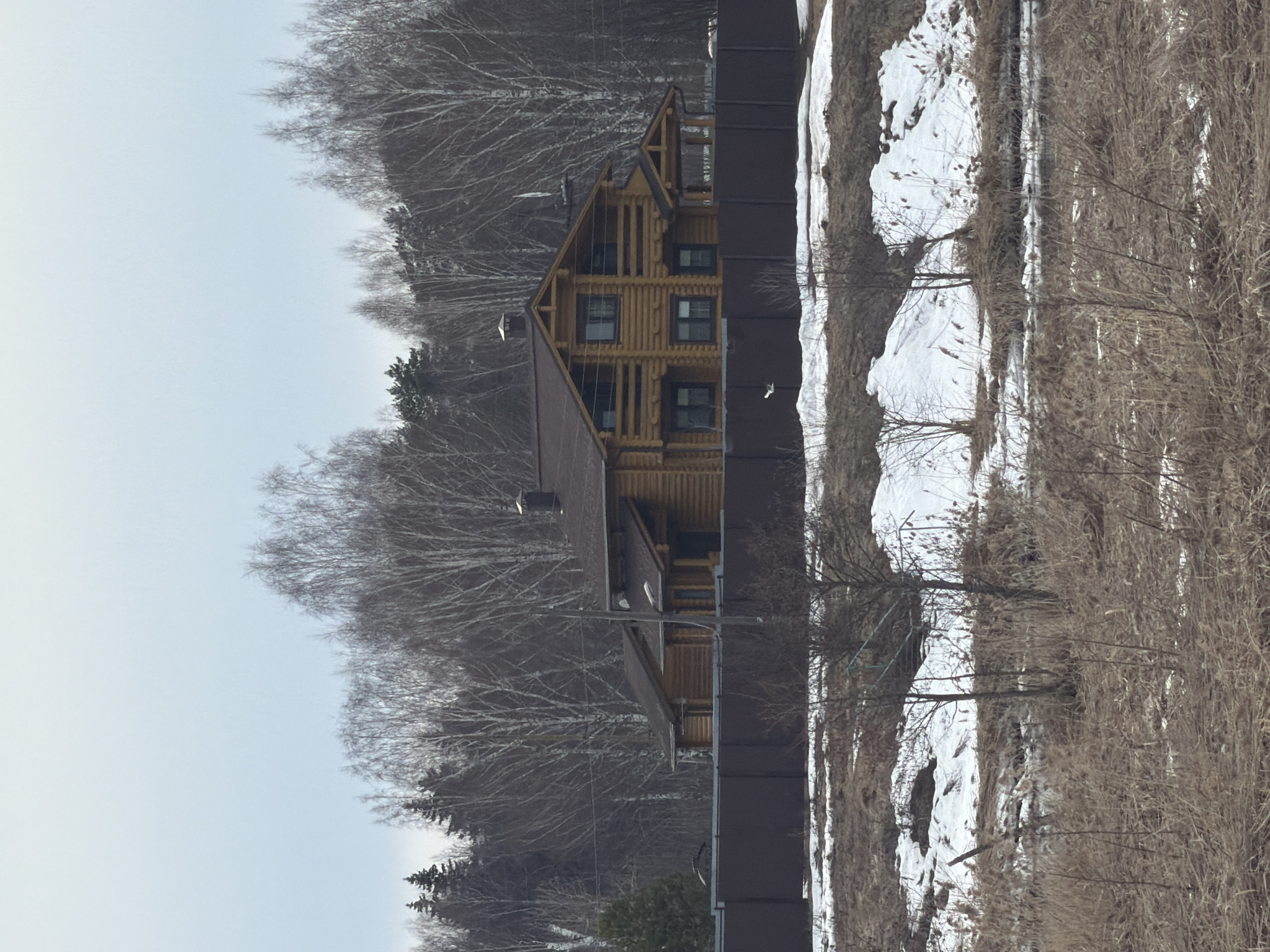 The image shows a three-story log house behind a fence. The house has a brown roof and several windows. The surrounding area includes bare trees, snow, and dried vegetation. The image is rotated 90 degrees. The location is presumably in Izhevsk, Russia, based on the prompt. No people or interactions are visible in the image.