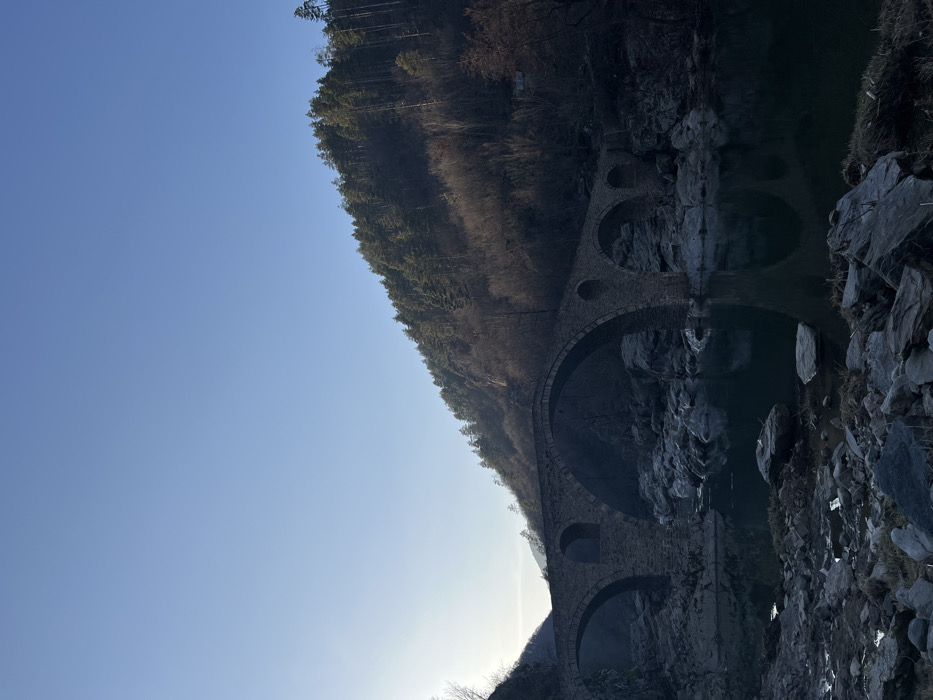 This image depicts the Devil's Bridge (Dyavolski most), an ancient stone arch bridge spanning the Arda River in a gorge near Diadovtsi, Bulgaria. The bridge, constructed of large, irregularly shaped stones, features three main arches of varying sizes, with the largest central arch rising highest, and smaller relief arches visible above the main spans. The water below the bridge is dark and reflects the bridge's arches, indicating a calm surface. The riverbed, particularly on the left, is strewn with numerous large, grey boulders and rocks.
To the right of the bridge, a steep hillside rises, densely covered with tall coniferous trees on its upper slopes. The lower parts of the hillside show a mixture of bare deciduous trees and shrubs, suggesting a late autumn or winter season. Sunlight, originating from the left, illuminates the upper portions of the bridge and the top of the forested hill, while the river valley and the underside of the bridge remain in shadow, creating strong contrasts. The sky above is clear and light blue, with a bright sun glare visible on the far left. No individuals or active subjects are present in the scene.