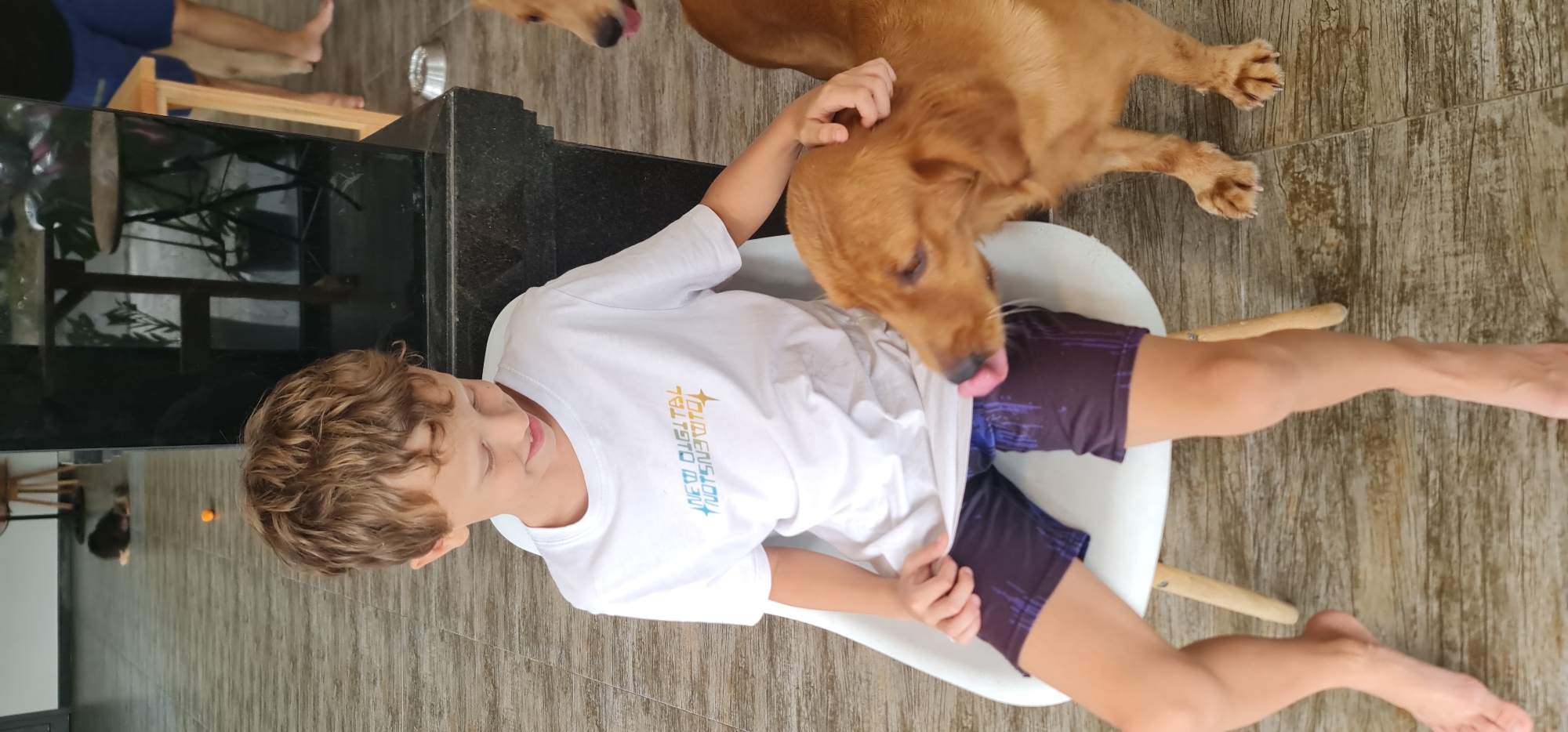 This image captures a tender interaction between a young boy and a dog in a relaxed indoor or covered outdoor setting in Đà Nẵng, Vietnam. The scene is viewed from an overhead perspective, with the image rotated 90 degrees clockwise.
A young boy with light brown, curly hair is seated on a white chair with light wooden legs. He wears a white t-shirt and dark blue/purple patterned shorts. His eyes are closed or cast downwards, and a soft, contented smile graces his face, suggesting he is enjoying the moment. An amber-colored dog with short fur is intimately close to the boy, affectionately licking his midsection with its tongue visibly extended. Another dog is partially visible in the upper part of the frame. In the background, bare legs, possibly belonging to an adult, are seen near a wooden structure.
The primary activity is the dog showing affection to the boy through licking, which the boy seems to accept calmly and happily. His hands are resting on his lap.
The setting features light brown, wood-effect tiled flooring. A dark, possibly black granite or polished stone counter or table is visible behind the boy. Reflections in a dark surface, possibly glass or a screen, show glimpses of indoor plants and structural elements, adding to the relaxed ambiance. A metallic bowl, likely for pet food or water, is partially visible on the floor in the upper background.
On the boy's white t-shirt, the text "NEW DIGITAL DIMENSION" is visible, printed in a gradient of blue, yellow, and orange, accompanied by a stylized star-like emblem. The overall mood is one of peace and companionship.