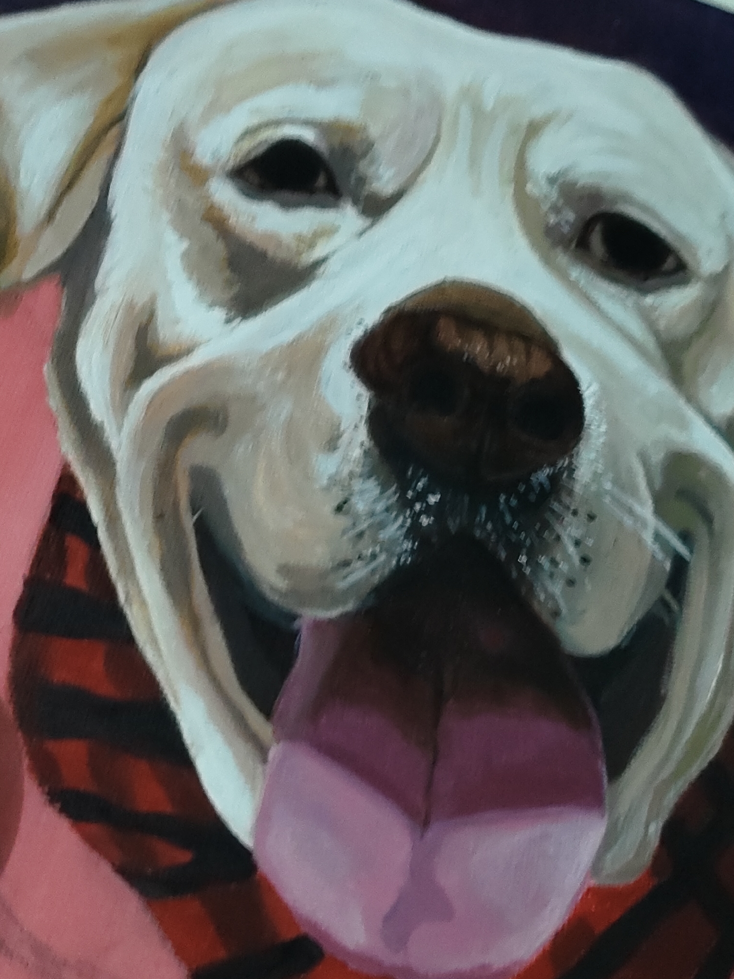 This image is a close-up, head-on painted portrait of a light-colored dog, likely a Labrador Retriever, rendered with visible brushstrokes indicating an oil or acrylic medium. The canine subject occupies the majority of the frame. Its mouth is open, revealing a large, pink-purple tongue extended downwards and slightly forward. The dog's dark eyes appear to gaze directly out of the frame. The snout is dark brown, textured to suggest moisture, with individual whiskers painted on either side. The dog's fur is depicted with variations in cream, white, and subtle grey tones, illustrating light and shadow to create depth. The background consists of three distinct sections: a dark, indistinct area at the top, a solid pink or magenta section along the upper left, and a red and black plaid pattern visible on the lower right and bottom left, partially framing the dog's neck. The scene is situated in Davao City, Philippines.