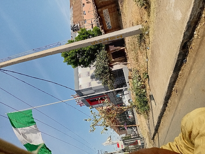 This image displays an urban street scene in Sharada, Nigeria, under a clear blue sky. A Nigerian flag, characterized by its green-white-green vertical stripes, flies prominently from a white flagpole in the upper-left quadrant. Multiple black overhead wires traverse the sky.
A light-colored concrete utility pole, marked with "101" in faded yellow paint, stands vertically on the right side of the frame. In the foreground, a paved concrete sidewalk is separated from a dirt road shoulder by a concrete curb. The shoulder contains dry grass and sparse vegetation. The lower-left corner of the image shows a partial view of an individual's arm and shoulder, dressed in light brown or khaki clothing.
In the midground, a dark-colored metal fence runs parallel to the road. Behind this fence, a multi-story building with a red and gray facade and white rectangular architectural elements is visible, featuring a prominent red "TATA" sign. To the right of this building, another structure with a reddish-brown tiled roof shows scaffolding on its side, indicating construction or renovation activity. A light-colored sedan is partially obscured behind the fencing. Scattered green trees and shrubs are present throughout the scene.