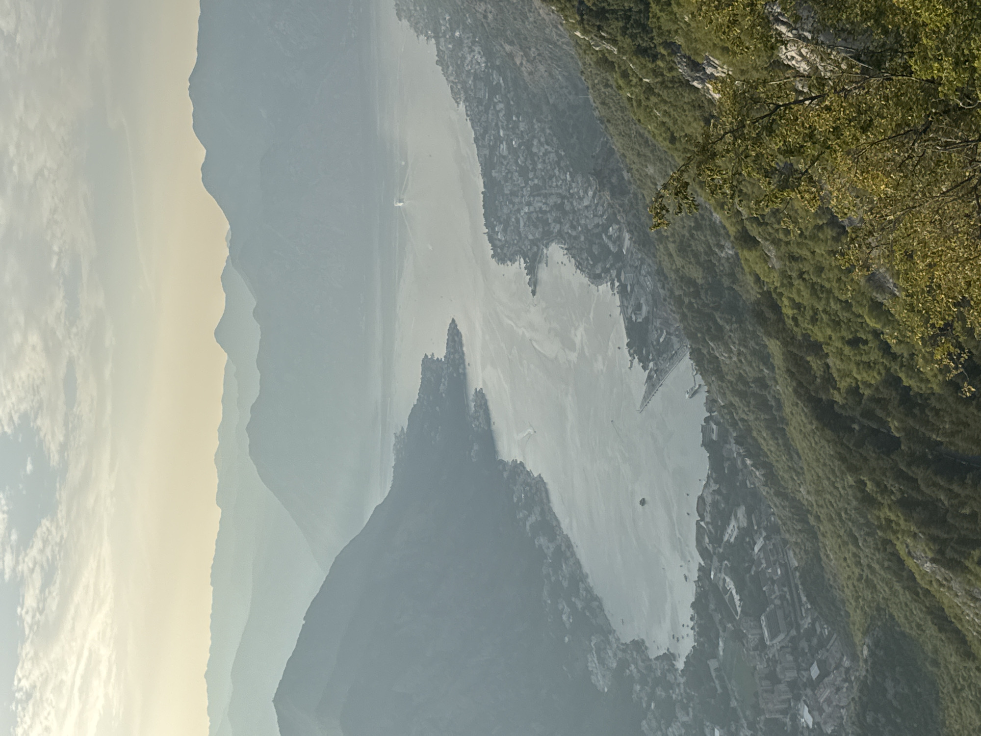 An aerial shot captures a panoramic view of a bay, likely the Bay of Kotor, with the city of Špiljari nestled along its coastline. The image is dominated by layers of misty mountains that recede into the distance, creating a sense of depth. The water of the bay reflects the soft, hazy light of what appears to be early morning or late afternoon. A ship is visible in the middle of the bay, leaving a faint wake. The foreground is covered by a steep, green mountainside dotted with trees, with some branches of a tree in the lower right corner framing the scene. Buildings of various sizes are clustered on the shoreline, indicating a populated area within the bay.