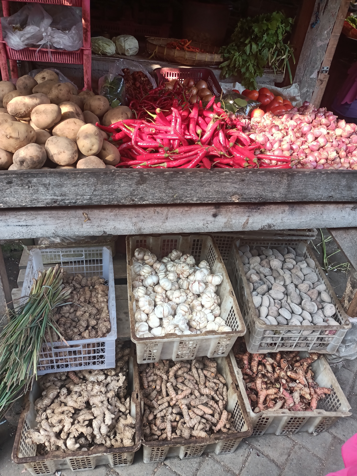 This is an outdoor market scene in Badas, Indonesia, featuring a display of fresh produce. In the foreground, several plastic crates are filled with root vegetables and aromatics. From left to right, the first crate contains a bunch of green lemongrass stalks resting on a pile of ginger. The second crate is overflowing with garlic bulbs. The third crate holds gray, smooth stones. Below these, two more crates are visible: the left one contains a large quantity of ginger, and the right one is filled with galangal.
Above the crates, a wooden counter displays a variety of vegetables. Piles of potatoes are situated on the left. To their right, a large mound of bright red chilies is prominent. Beyond the chilies, there are red tomatoes and bundles of leafy green herbs. Further to the right, a substantial amount of red onions is piled high. In the background, some cabbages are visible on a shelf, along with some plastic bags and a basket. The overall impression is one of abundance and a vibrant market environment.