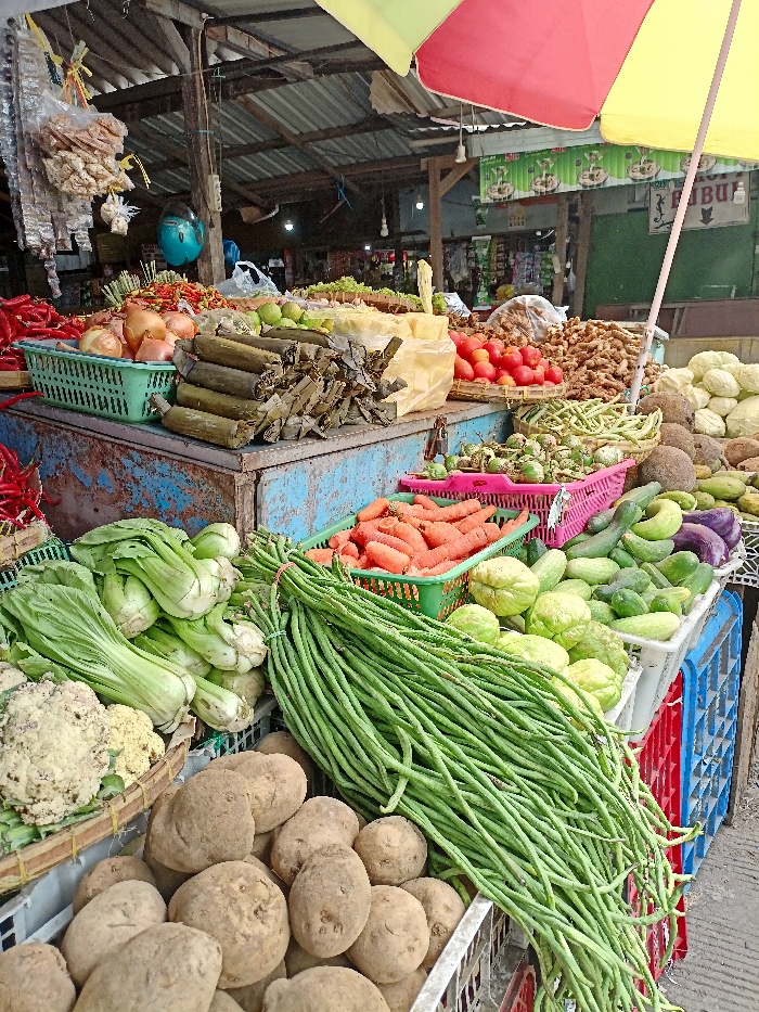 This image captures a vibrant and densely packed produce stall within a traditional market setting, likely in Mojosari, Indonesia. The stall is laden with a diverse array of fresh fruits, vegetables, and other food items, displayed on a rustic metal counter and in various plastic baskets and crates.
In the foreground, large piles of earthy potatoes are visible, alongside a generous bundle of bright green long beans. To the left, fresh green leafy vegetables, resembling bok choy or similar greens, are arranged next to a head of cauliflower. A green plastic basket holds numerous orange carrots. Further right, a white crate contains green cucumbers, chayote, and some purple eggplants.
The central part of the stall features red chili peppers, yellow onions, and green limes in baskets. A prominent display of elongated items wrapped in banana leaves, characteristic of Indonesian snacks like lemper or lontong, sits on the counter. Nearby, a yellow-wrapped block (possibly cheese or tofu) and a basket overflowing with ripe red tomatoes are visible. A large mound of brown ginger or turmeric roots is piled to the far right. Various packaged dried goods hang from the stall's structure in the upper left.
The setting appears to be a semi-outdoor market, with a metal roof and a large red and yellow umbrella providing shade. A light blue motorcycle helmet hangs from a wooden beam in the background. Visible text on a sign in the distance reads "KOPI BUBU," indicating coffee powder. The scene suggests a busy market with an abundance of fresh, locally sourced goods, likely bustling with shoppers, although no direct human activity is captured in the immediate vicinity of this stall. The lighting indicates it is daytime.