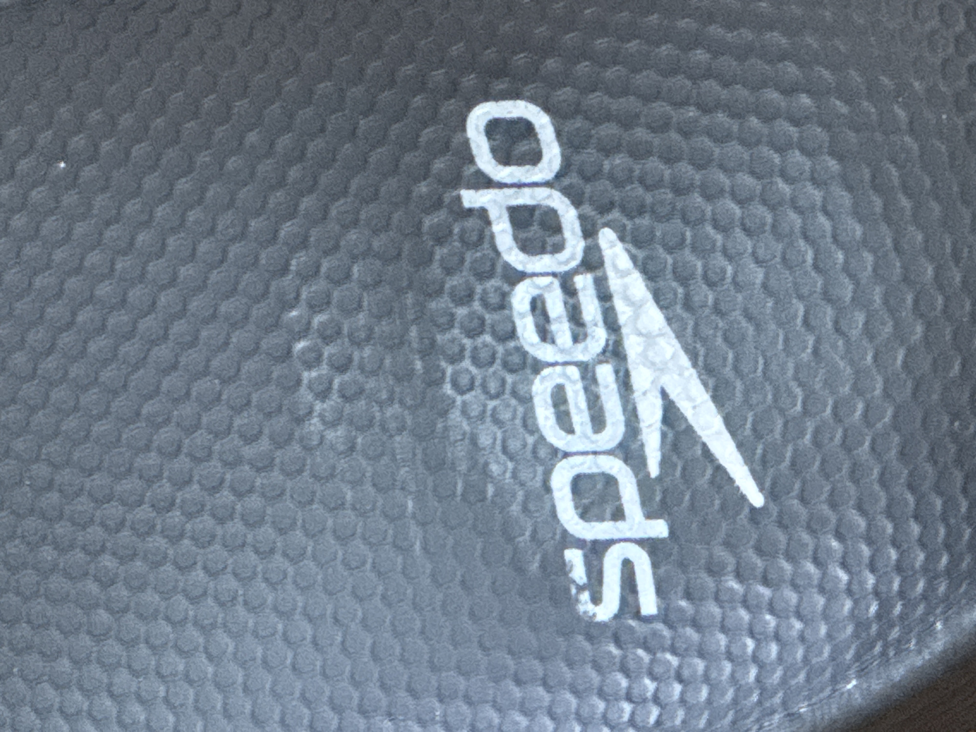 The image shows a close-up of a textured gray surface with the Speedo logo printed vertically on it. The logo is white and consists of the word "Speedo" and a stylized boomerang shape. The surface appears to be made of a flexible, possibly rubber-like, material with a pattern of small, raised bumps. There are no people visible in the image, and no specific location in Sofia, Bulgaria can be determined.