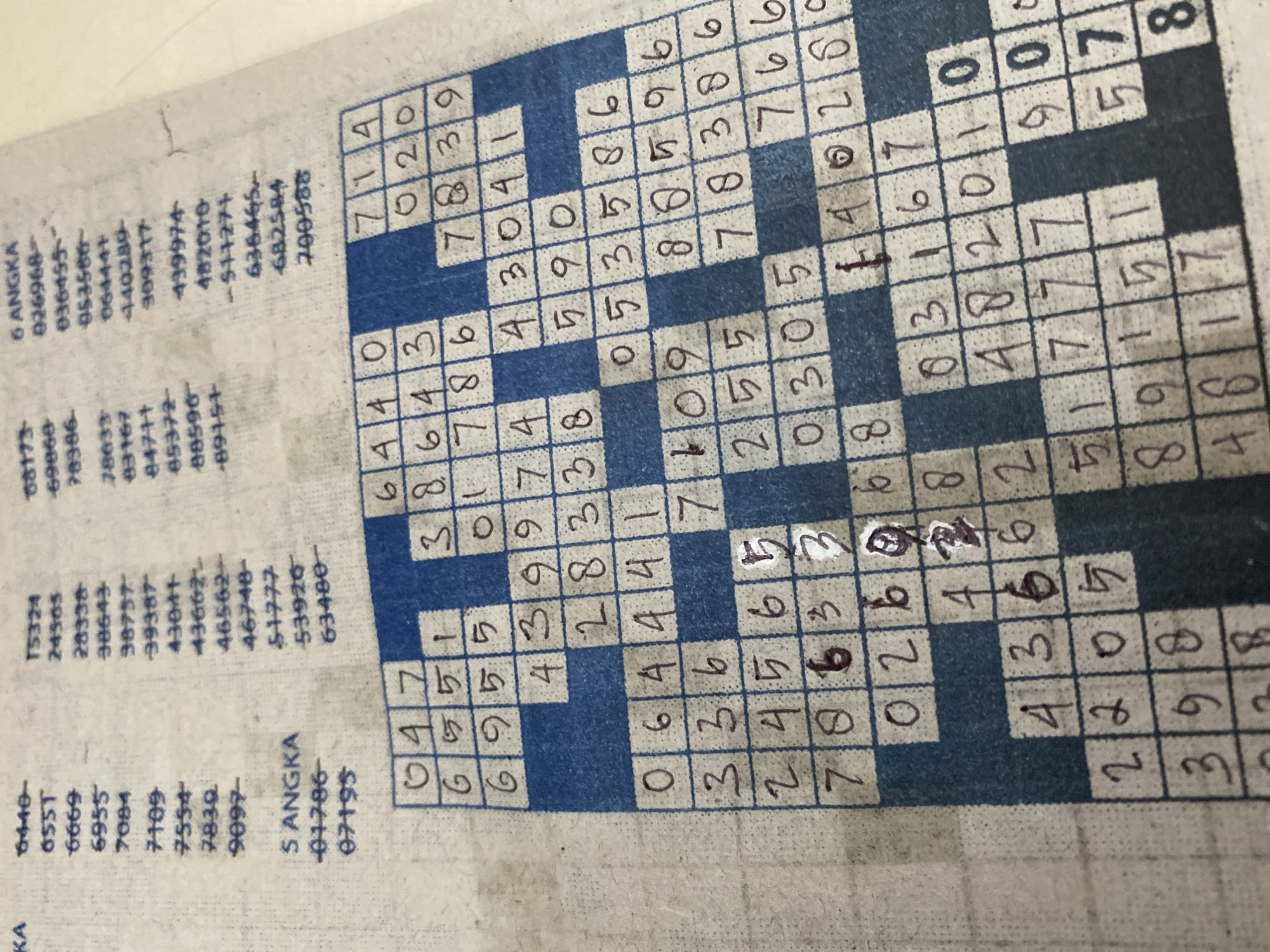 The image is a close-up, overhead view of a handwritten puzzle, likely a Sudoku or crossword variant, on a textured, off-white surface that appears to be fabric or paper. The puzzle itself consists of a grid of squares, some filled with handwritten numbers and others with blue shading.
To the left of the puzzle grid, there are lists of numbers and some text, including "S ANGKA". Above the puzzle grid, more lists of numbers are visible. The numbers in the grid are handwritten in dark ink, and some squares have blue shading, dividing the grid into sections. The handwriting varies in legibility.
The context of Banda Aceh, Indonesia, is not directly discernible from the visual elements of the puzzle itself. There are no visible landmarks, people, or other contextual clues within the image that would link it to a specific location in Banda Aceh. The image solely focuses on the puzzle and its immediate surrounding paper or fabric.