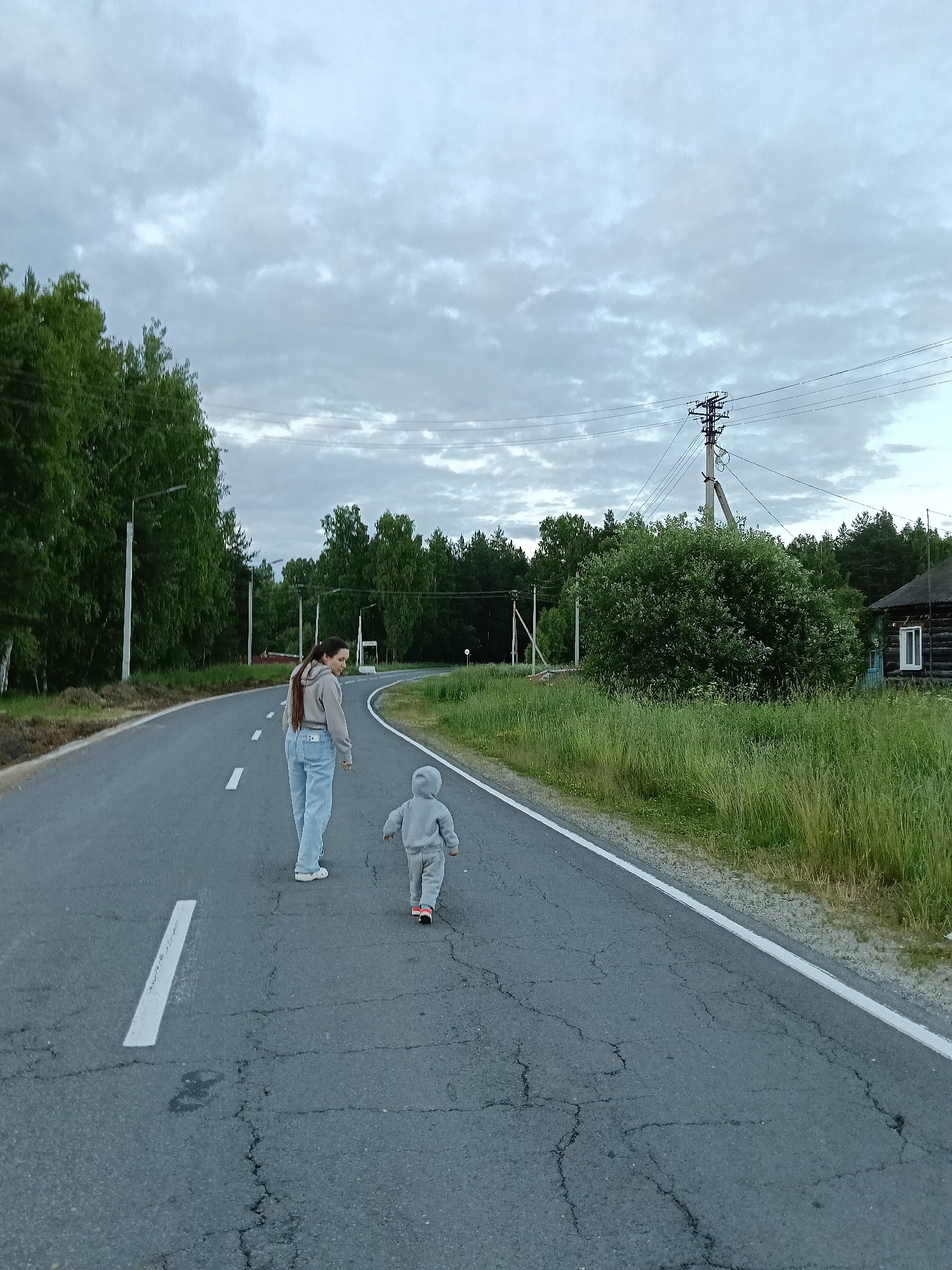 In an outdoor, rural setting, a woman and a young child are walking away from the camera on a cracked asphalt road. The woman, with long brown hair, is wearing a light-colored hoodie and light blue jeans. The child, dressed in a gray hooded sweatshirt and pants, is walking slightly ahead of her.
The road curves to the right and is bordered by a grassy embankment on the right and a line of trees on the left. In the distance, a wooden house with a white-framed window is visible on the right side of the road, partially obscured by a large, leafy green bush. A power pole with multiple wires stretches across the upper portion of the frame, with more trees and a cloudy sky in the background. The lighting suggests it is late afternoon or early evening, and the sky is overcast, indicating potentially inclement weather. The scene appears peaceful, with no immediate indications of distress or urgency. There is no visible text in the image.