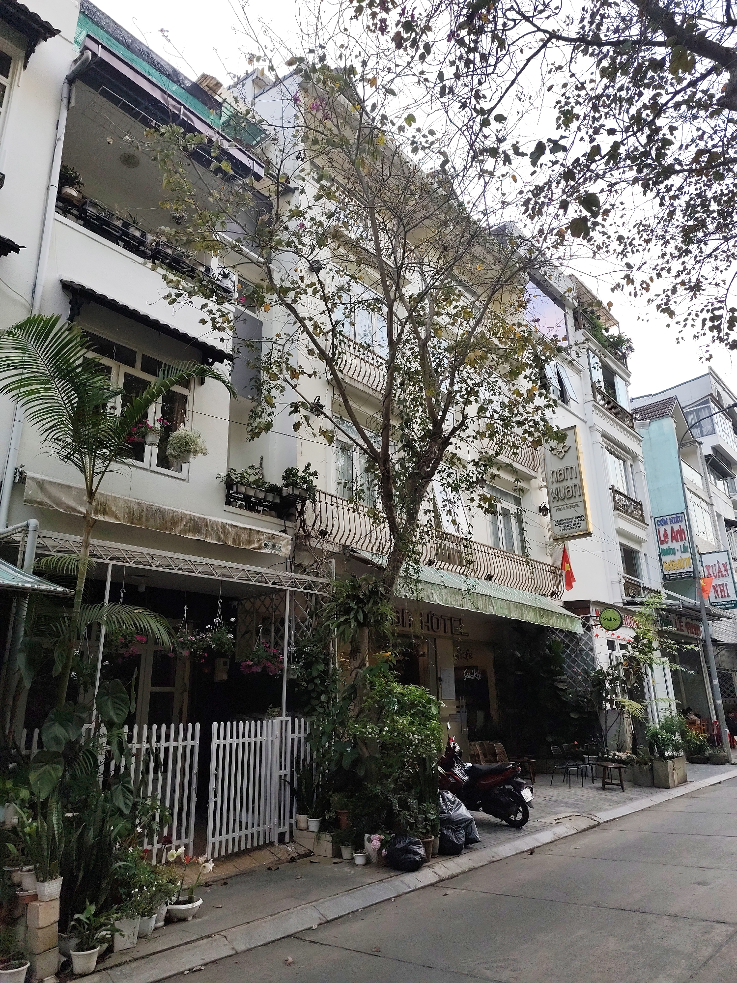 The image shows a street in Da Lat, Vietnam, with a row of narrow, multi-story buildings on one side. The buildings are a mix of architectural styles and colors, predominantly white, and feature balconies with ornate railings. Some buildings have awnings and plants adorning the facades. A tree with sparse leaves stands in front of the buildings, obscuring parts of the view.
A white picket fence encloses a small area in front of the nearest building, decorated with potted plants and hanging baskets. Further down the street, a motorcycle is parked in front of a building with a sign that reads "H OTEL" partially visible. A street sign for "Nam Xuan Premium Hotel" can be seen, as well as "Le Anh". There are also tables and chairs placed outside another building, possibly a cafe or restaurant. There are people on the street in the distance. The street appears to be narrow, with a sidewalk and a paved road. The sky is overcast, creating a muted light.