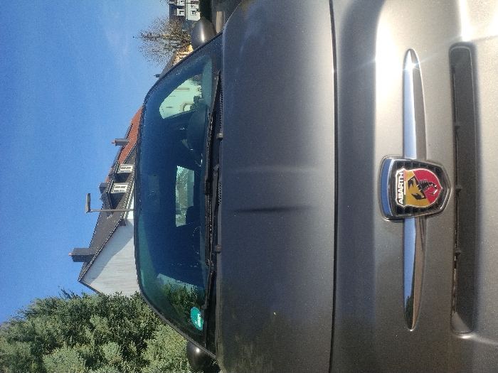 The scene depicts the front of a grey Abarth automobile, identifiable by its scorpion emblem on the grille, situated outdoors in Crauthem, Luxembourg, under a clear blue sky. The vehicle's hood displays two subtle longitudinal raised lines. The windshield, equipped with wiper blades, has a green sticker affixed to its lower left side. To the immediate left of the vehicle is a large, dark green coniferous tree. In the background, multiple residential-style buildings are visible, including a white structure with a dark grey tiled roof and chimney, and another building with an orange-red tiled roof featuring dormer windows. A dark grey street light pole stands between these background structures. Further right, distant buildings and a bare deciduous tree are partially visible. The setting is illuminated by bright daylight, casting reflections on the car's metallic surfaces. No individuals are present within the frame.