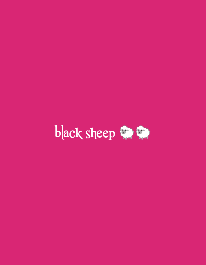 The image displays the text "black sheep" in a stylized white font against a vibrant pink background. To the right of the text, two small white sheep emojis are positioned. The image does not contain any elements that can be used to identify a specific location in Jos, Nigeria.