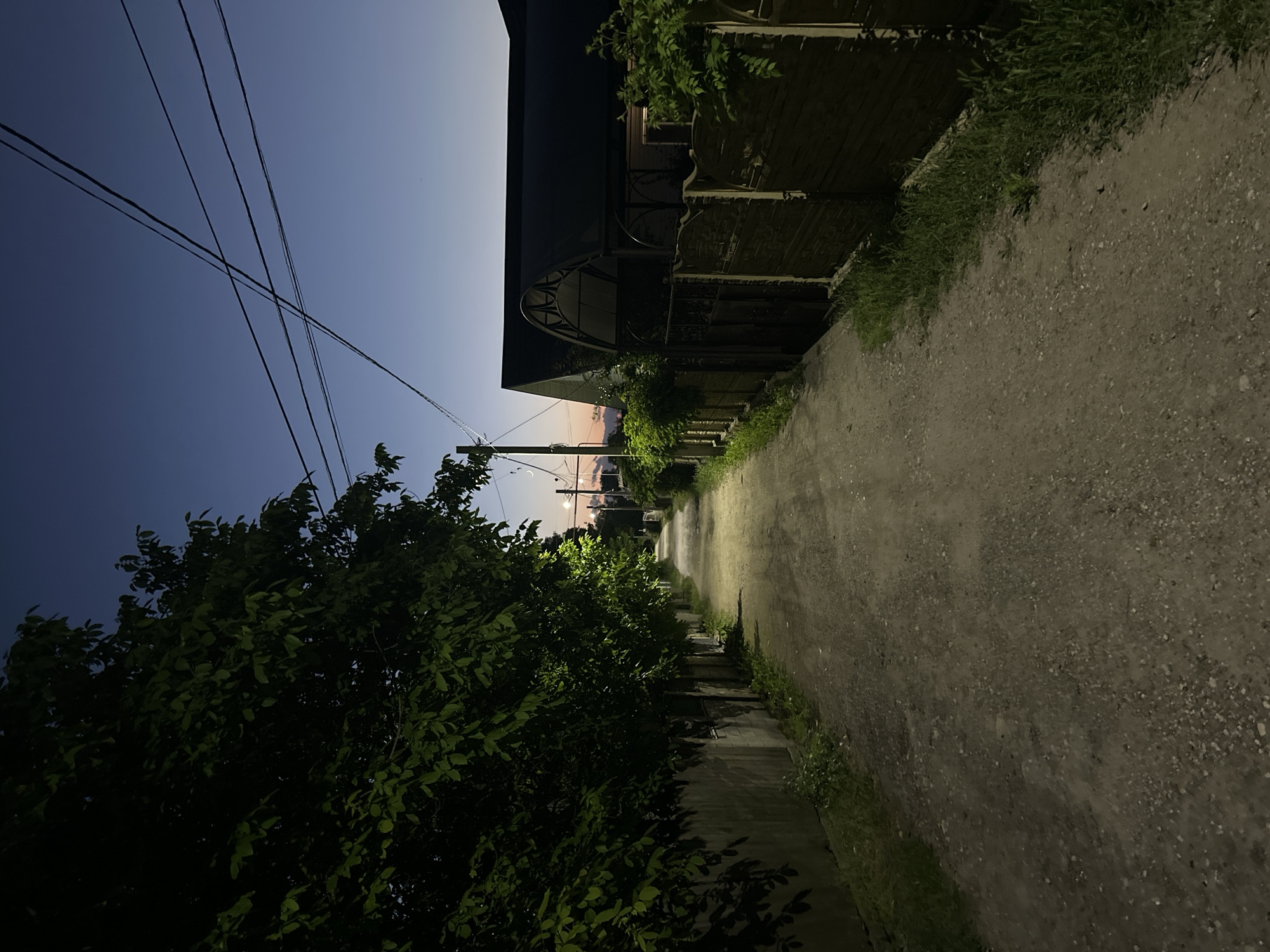 The image depicts a narrow, unpaved alleyway in the city of Strășeni, Moldova, during twilight or early night. The sky is a gradient of deep blue to a pale orange hue near the horizon, indicating the sun has recently set. Overhead, several electrical wires are strung between utility poles, crossing the sky.
On the left side of the alley, a tall, dense tree with dark green leaves casts shadows onto a gray, weathered wall. The wall appears to be made of concrete blocks, some of which are crumbling or damaged. Some green vegetation is growing at the base of the wall.
The alley itself is a dirt path with gravel and small stones visible on its surface. It recedes into the distance, with a slight upward incline. On the right side of the alley, there is a wooden fence with horizontal planks, some of which are lighter in color than others. Beyond the fence, a structure with a dark, pitched roof and a covered entrance is visible. The roof has a curved, arched design over the entrance. Some green foliage is growing along the top of the fence and near the structure.
Streetlights are visible in the distance, casting pools of light onto the alleyway and illuminating parts of the scene. The overall atmosphere is quiet and somewhat isolated, characteristic of a residential area at this time of day. There are no people or animals visible in the image.