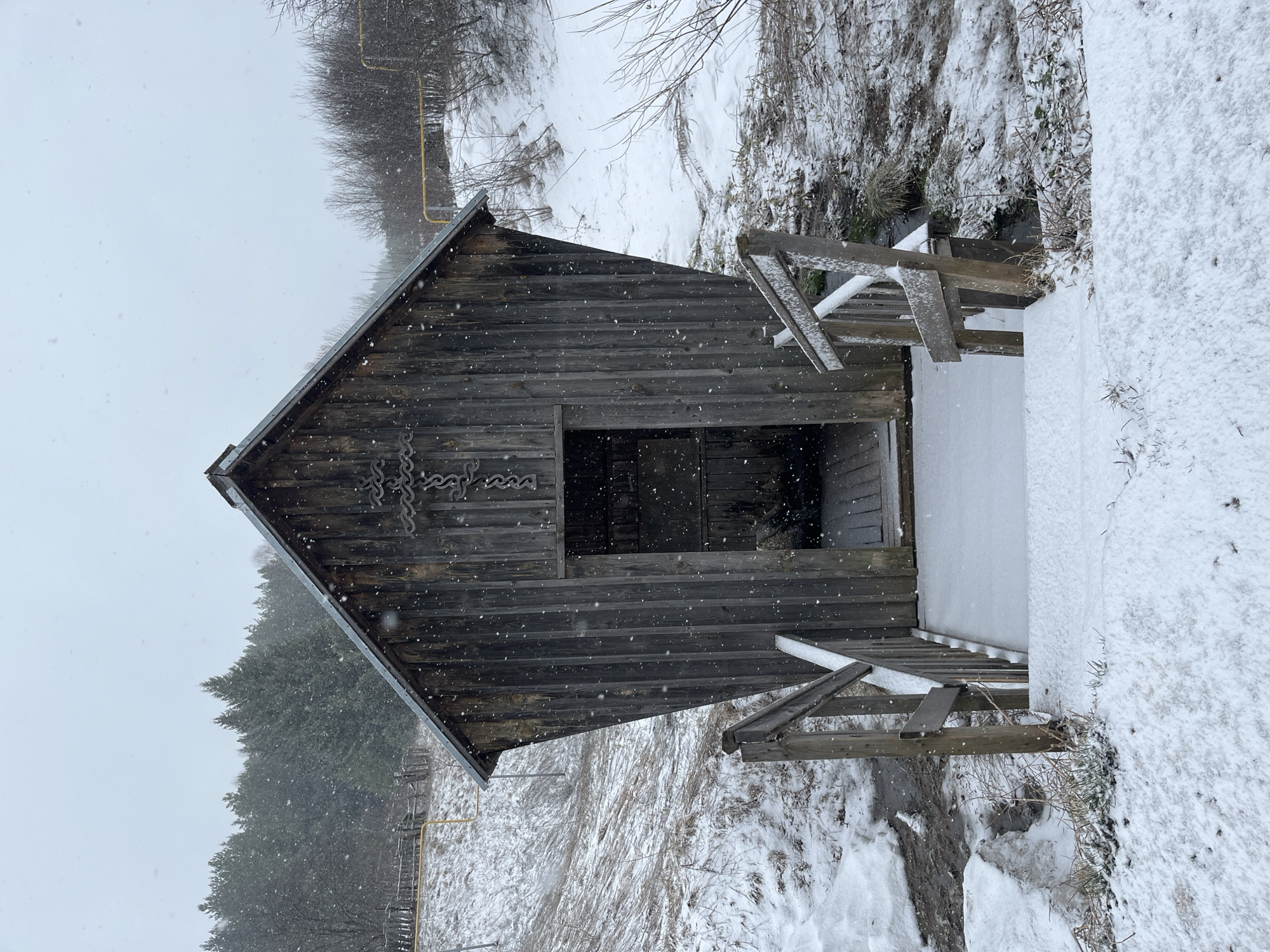 The image shows a small, wooden building in a snowy environment. The building has a steeply pitched roof, a single entrance, and some decorative carvings on the front. There is a crude wooden walkway leading to the entrance, also covered in snow. The surrounding landscape is blanketed in snow, with visible trees and vegetation. The location is Большой Букор, Russia, and the image appears to be taken during a snowfall.