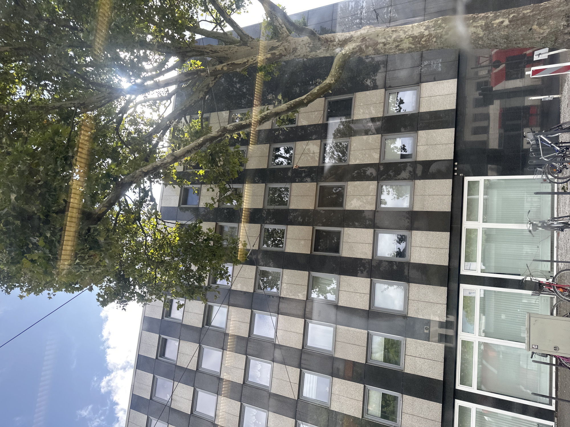 The image shows a modern building with a facade of alternating dark gray and light gray panels, punctuated by regularly spaced windows. The building appears to be multi-storied. In the foreground, a large tree with a thick trunk and widespread branches partially obscures the view of the building. Sunlight is filtering through the tree's leaves, creating bright highlights and dappled shadows. The sky above is blue with scattered white clouds. In front of the building's lower level, there are large, floor-to-ceiling windows with white frames, behind which vertical blinds are visible. Several bicycles are parked along the sidewalk, and a light gray electrical or utility box is also present. The overall scene suggests an urban environment in Krefeld, Germany, likely during daytime.