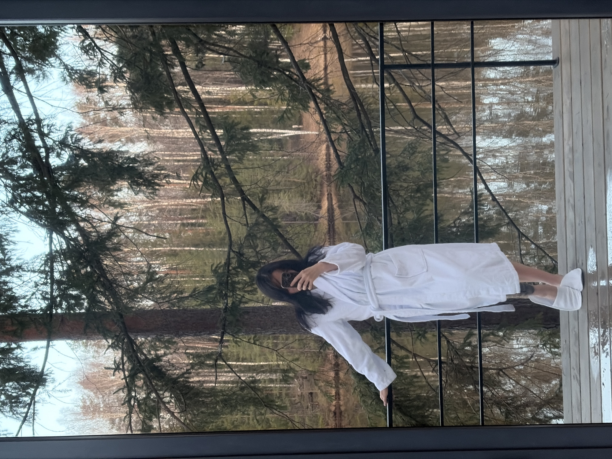 A full-length image captures a person's reflection in a large window overlooking a forest. The person, with long dark hair, is wearing a white bathrobe and white slippers, holding a smartphone to take a picture, which partially obscures their face. The reflection makes it appear as though the individual is standing amidst the trees.
The scene outside the window is a dense forest, composed of both coniferous trees and bare deciduous trees, possibly birches, identifiable by their light-colored trunks. The absence of leaves on many trees suggests an autumn, winter, or early spring season. The light appears soft, indicating daytime, possibly overcast or late afternoon. A dark window frame borders the view, and a section of a light-colored wooden structure is visible to the right, also reflecting in the glass. No text is visible in the image. The setting evokes a serene, natural environment, consistent with locations like Мишкино, Russia.