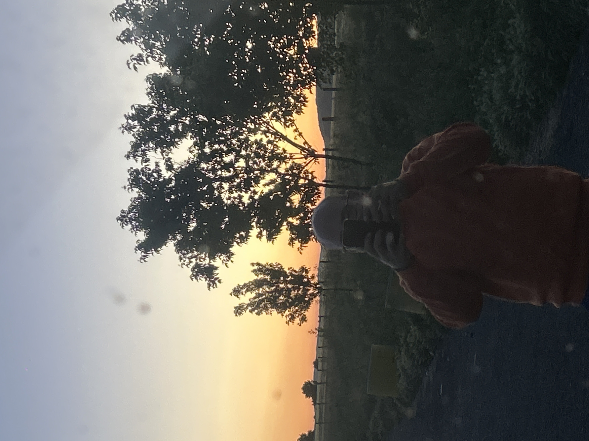The image depicts a person in an orange shirt holding a phone up to their face as if taking a photo. The background is a rural scene. The sky is transitioning from a bright orange-yellow near the horizon to a pale blue at the top. Silhouetted trees are visible against the sky. The location is Troyanovo, Bulgaria. Other details of the environment can be seen, but their identities are ambiguous. There is a paved area in the foreground.