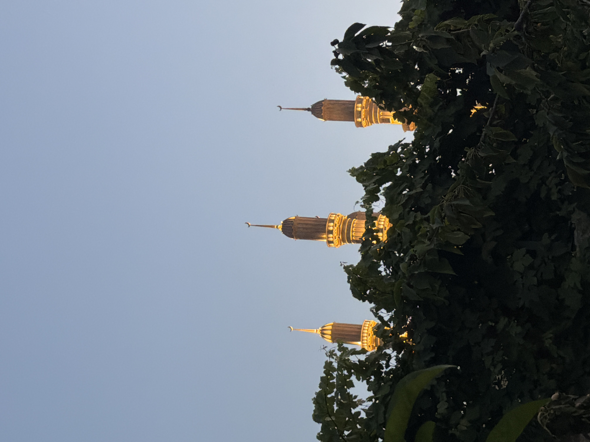 In the city of Unknown, Unknown, three illuminated minarets of a mosque rise above lush green foliage. The minarets are tall and slender, with decorative golden accents and crescent moons at their apex. They are lit from within, casting a warm glow against the twilight sky. The leaves of a tree in the foreground are dark green and partially obscure the view of the minarets, creating a sense of depth and contrast. The sky is a soft, clear blue, indicating either dawn or dusk. There are no people or animals visible in the frame.