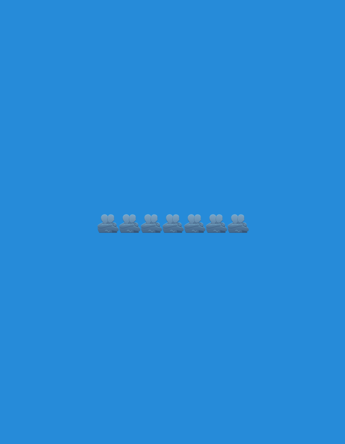 A row of seven gray, cartoonish figures, each resembling two figures huddled together, are positioned horizontally in the lower-middle section of a solid blue background. The figures are uniformly spaced and appear identical. The scene is devoid of any contextual information regarding location, setting, or activity.
