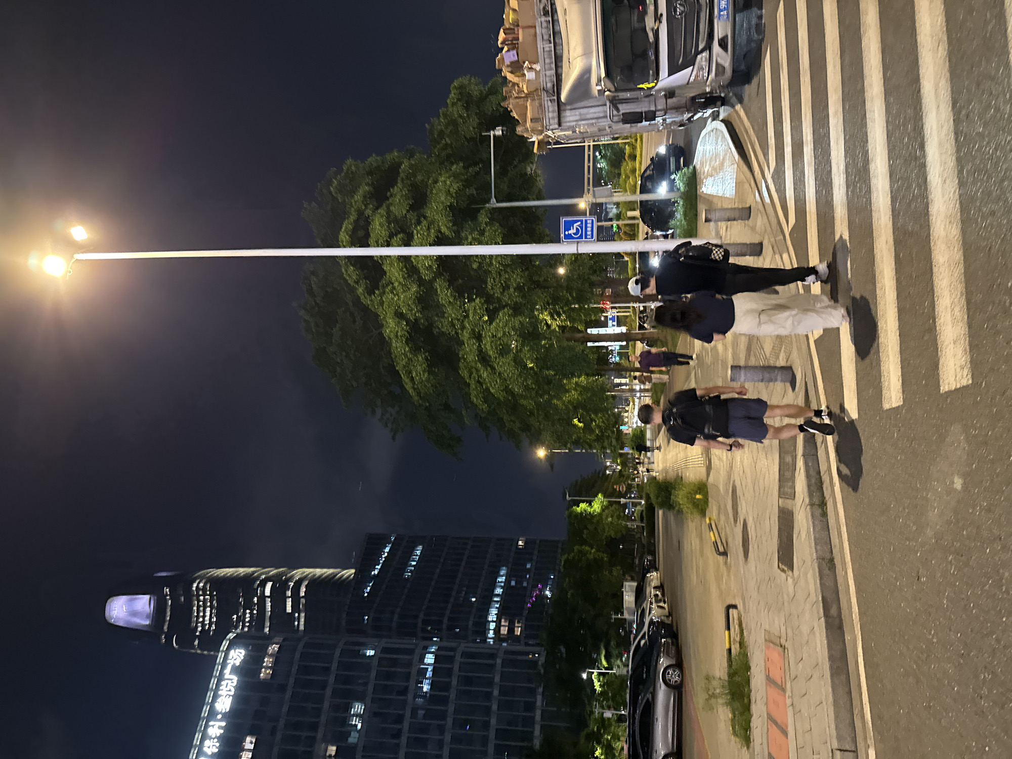 This nighttime scene captures a street in Haizhu District, China. A lamppost with two bright lights illuminates the foreground, casting a long shadow. Three people are walking across a zebra crossing. One person, in the foreground, is wearing a black shirt and light-colored pants, with a backpack. Behind them, another person in a dark shirt and light pants walks with their back to the camera. A third person, further down the crossing, is seen from behind in a black shirt and blue shorts.
To the right of the zebra crossing, a large truck is parked, with its cargo area filled with boxes. Adjacent to the truck is a black car with its headlights on. In the background, lush green trees line the street, and behind them, a modern skyscraper is visible, its windows lit up, suggesting it is late evening or night. The sky is dark. A blue sign with a white wheelchair symbol and Chinese text is mounted on a pole near the trees. The overall mood is urban and contemporary, with a sense of daily life continuing into the night.