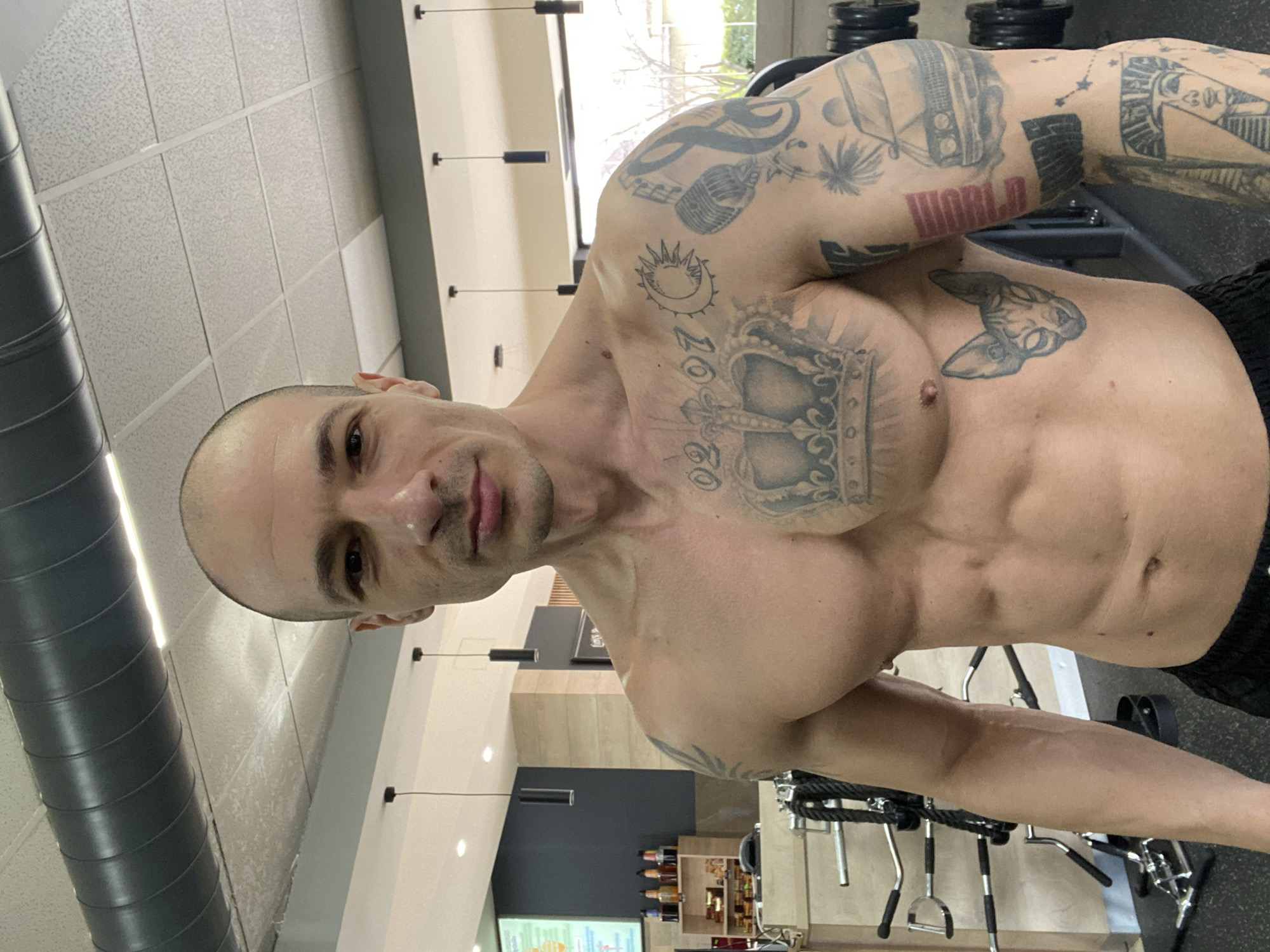 A bald, muscular male, appearing approximately 30-40 years old, is depicted shirtless, centered in the frame, directly facing the viewer within a commercial gym in Pleven, Bulgaria. He exhibits a developed physique with visible abdominal muscles. His chest bears a large crown tattoo, marked "02.07" above it, and a Sphynx cat head tattoo below. His right arm is extensively tattooed with images including a sun, crescent moon, microphone, musical notes, a car, palm trees, a red rectangular design, constellations, and an Egyptian pharaoh bust. Tattoos are also present on his left arm. He is wearing dark athletic shorts, partially visible at the bottom of the frame.
The gym interior features a counter with shelves holding bottles and a digital display screen on the left. A rack containing various exercise machine attachments is also present on the left. To the right, a weight rack with black plates is situated near a window offering a view of outdoor trees and a building. The ceiling is constructed with acoustic tiles, exposed grey circular ventilation ducts, recessed linear lights, and hanging black cylindrical pendant fixtures. The flooring is dark gym matting. Wall surfaces combine light-colored and dark grey sections.