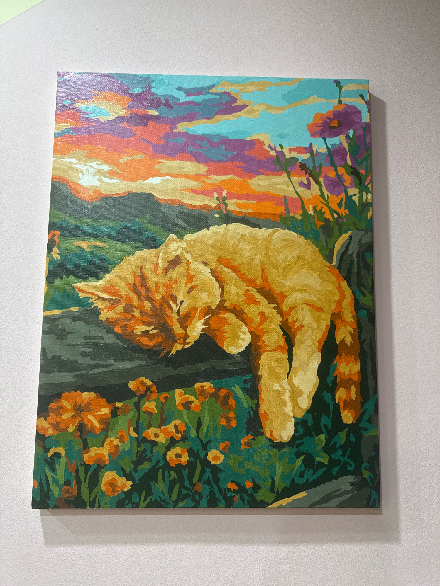 This is a painting of an orange tabby cat sleeping peacefully. The cat is lying on its side, with its head resting on its paws. It is surrounded by a field of colorful flowers and a vibrant sunset sky. The painting appears to be a "paint-by-numbers" piece, as evidenced by the visible brush strokes and distinct color blocks. The painting is hanging on a white wall. There is no information about the location in the city of Hrodna, Belarus.
