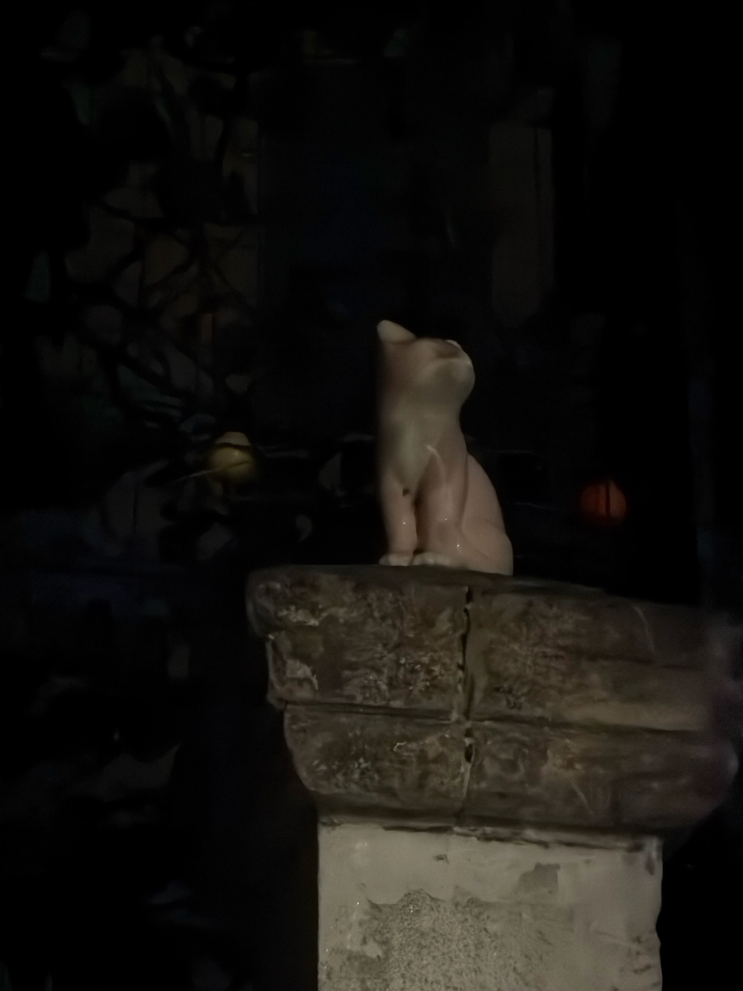 A pale pink ceramic cat figurine is perched on a weathered, stone architectural element, likely a plinth or decorative capital, at night. The figurine is sitting upright, facing upwards and to the left, with its body slightly leaning forward. Its surface appears smooth and possibly slightly damp.
Behind the figurine, the environment is dark and obscured, with hints of foliage and abstract shapes suggesting an outdoor setting, possibly a garden or a courtyard. There are also soft, out-of-focus circular shapes of light in the background, one appearing yellowish and another orangish.
The stone on which the figurine rests is rough and textured, showing signs of age and weathering. The lighting is dim, suggesting the photograph was taken in low light conditions, possibly by artificial light or during twilight. The overall impression is one of quiet stillness and mystery.
Regarding the location in Arles, France, without further context or identifiable landmarks, it is impossible to pinpoint a specific place within the city. The architectural style of the stone element is generic enough to be found in various historical buildings, courtyards, or public spaces in Arles.