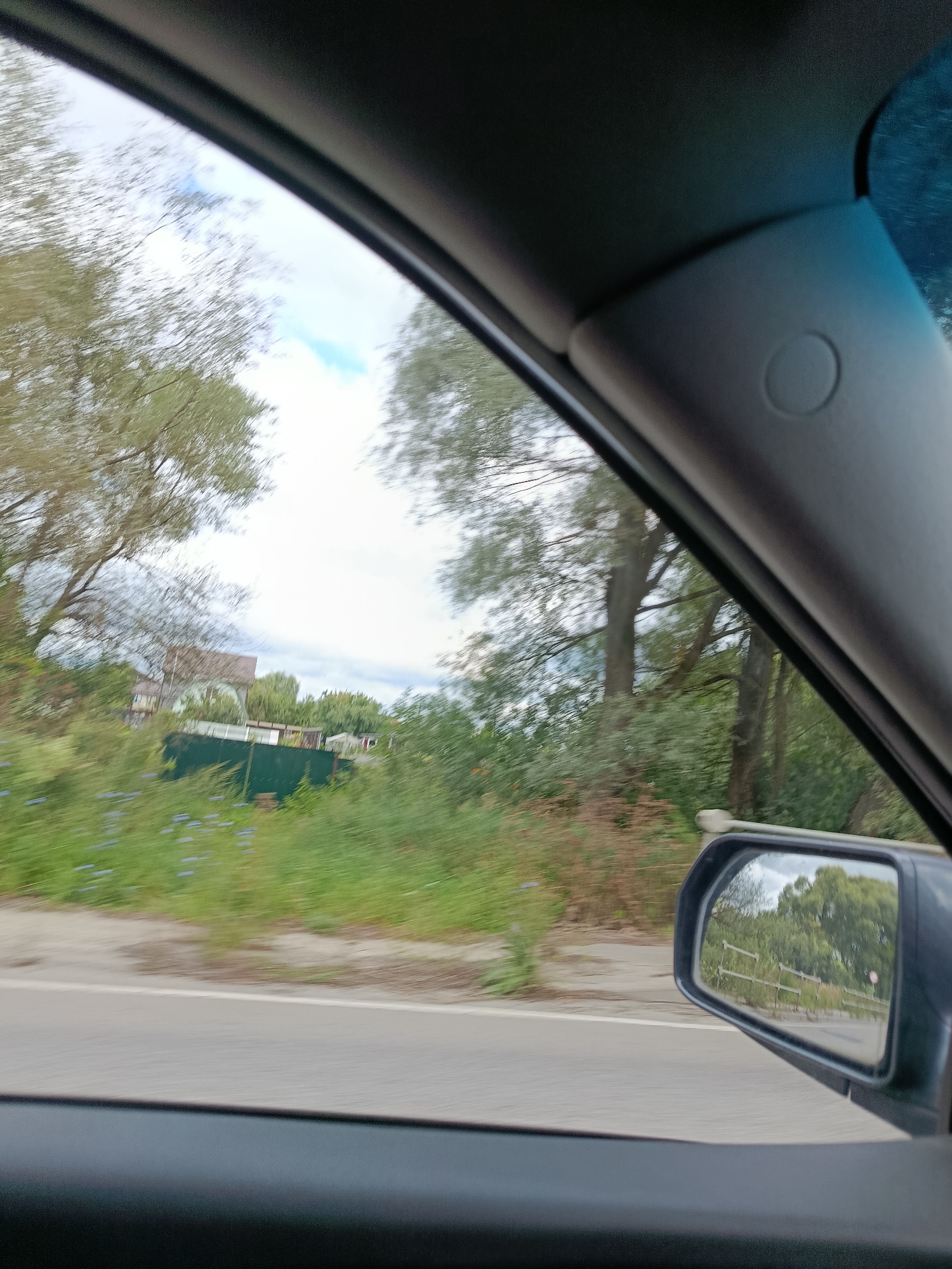 The image is a photograph taken from inside a vehicle, looking out the passenger window towards the right side of the road. The perspective is slightly angled, suggesting the vehicle is in motion. The foreground shows a portion of the car's interior, including the A-pillar and part of the dashboard. Through the window, a road is visible, bordered by a grassy embankment with scattered small blue flowers. Beyond the embankment, there's a dark green fence, and behind that, several buildings, including a light-colored house with a dark roof. Trees and lush vegetation fill the background, with some branches and leaves blurring due to the motion. In the lower right corner, a side-view mirror reflects a scene of more trees and a fence, indicating the direction of travel. The sky above is overcast with some patches of blue visible. The overall impression is a rural or suburban landscape in Russia.