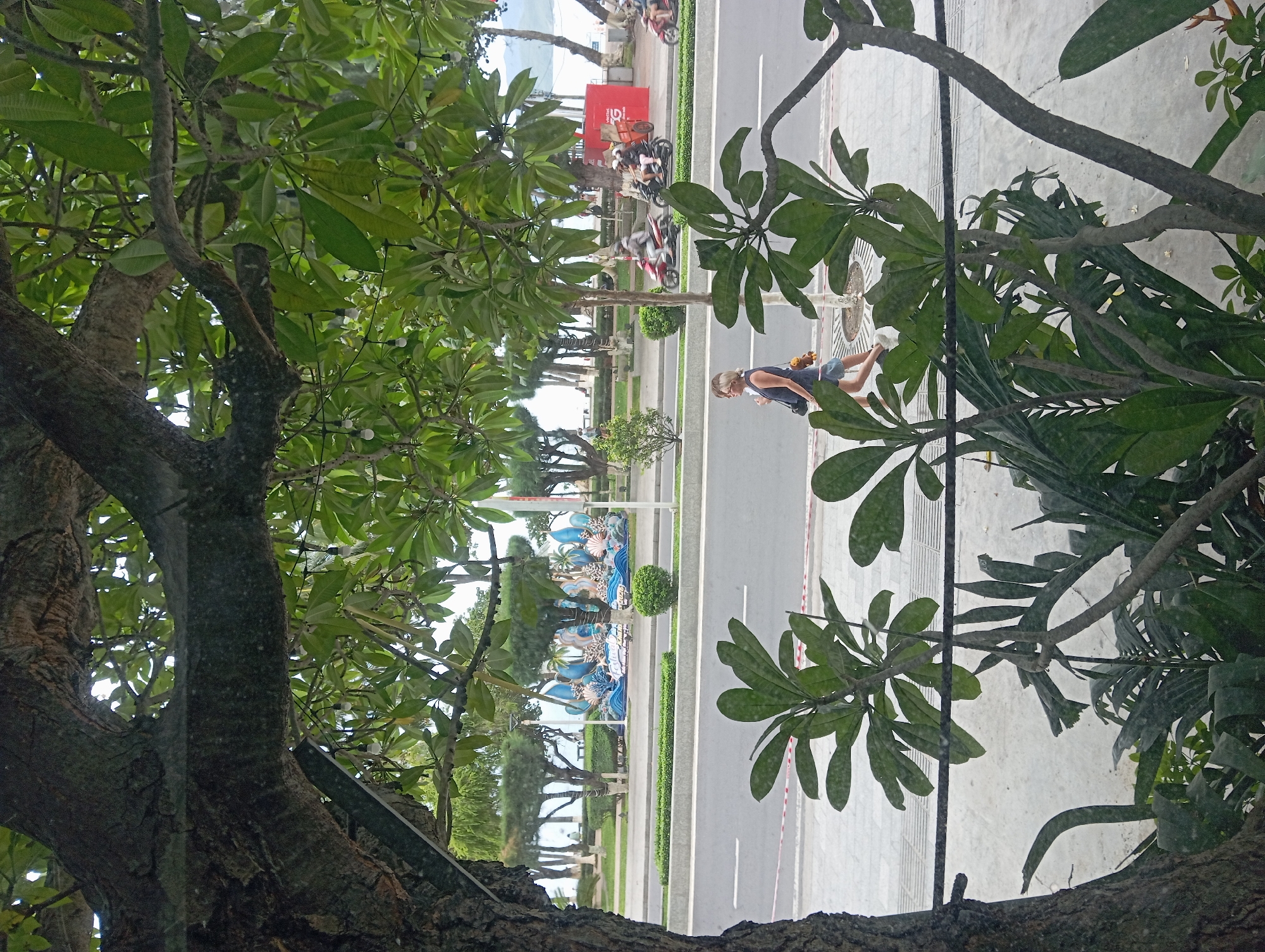 The image captures a street scene in Nha Trang, Vietnam, viewed through the foliage of trees and plants. In the foreground, large leaves from a frangipani tree obscure the lower part of the scene. A woman walks along a sidewalk, wearing a blue sleeveless top and denim shorts, carrying a small brown bag and what appears to be a teddy bear. She is walking on a paved sidewalk next to a road where several motorcycles are visible. Across the road, there is a landscaped median with trees and a decorative blue sculpture featuring aquatic themes and palm trees. Beyond the median, a beach and the sea are visible, with distant mountains on the horizon. A red building with a white "G" logo is present on the far side of the road. The sky is overcast.