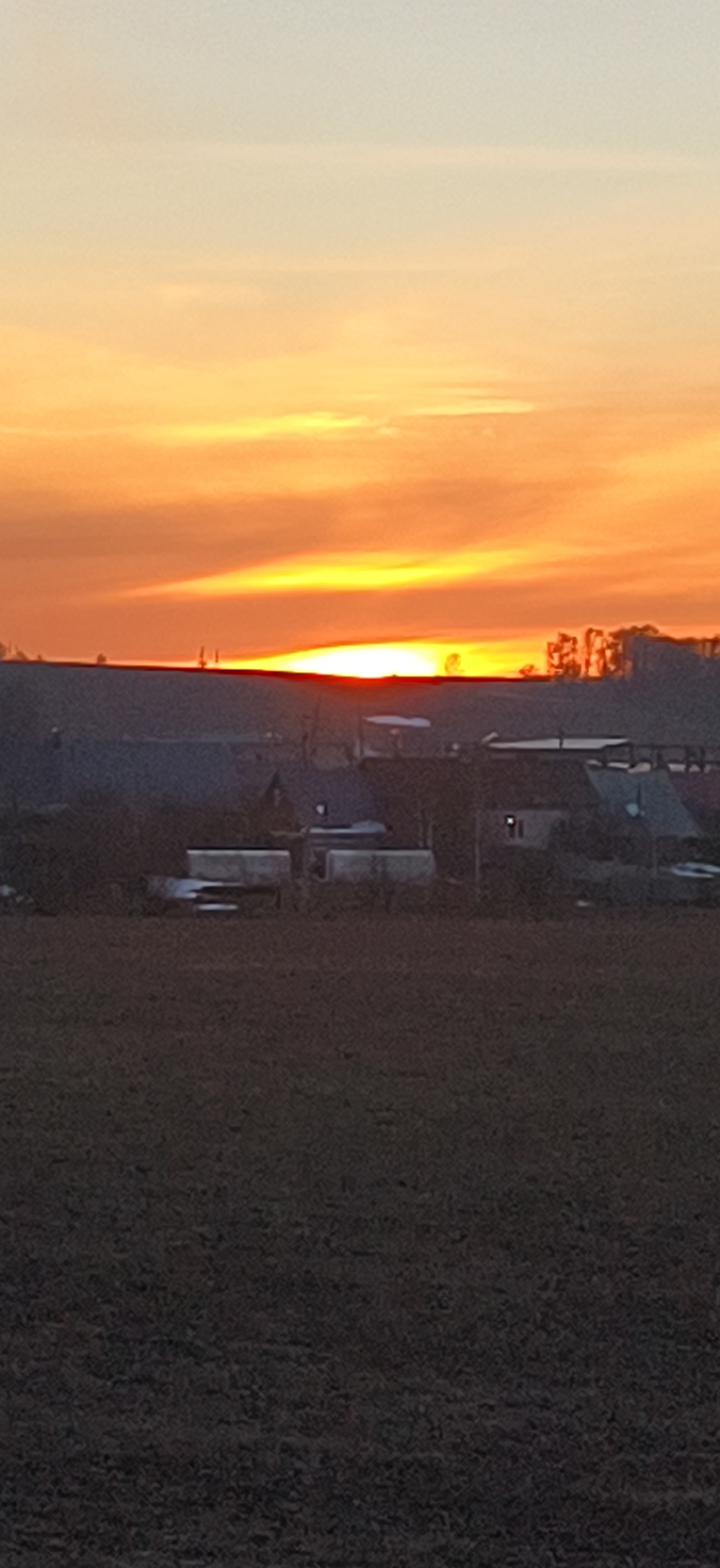 The image shows a rural landscape at sunset, likely in or near Фоки, Russia, based on the user's indication. The sky transitions from a bright orange near the horizon to a lighter yellow and pale blue higher up. The sun is setting behind a distant horizon line, creating a silhouette effect. Below the horizon are several buildings, including what appears to be farm structures and houses. A field in the foreground is dark and appears to be recently plowed or cultivated. No people are visible in the scene. The overall environment suggests a quiet, agricultural setting.