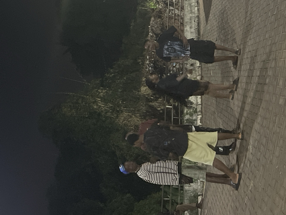 Four individuals stand on a paved walkway, seemingly at night. The person closest to the viewer wears a blue hat, a black and white striped shirt, and dark footwear. Behind them, a person wears yellow shorts, a dark jacket, and dark shoes with white socks. The next figure wears a red shirt and dark jacket, while the furthest individual wears a black shirt with a graphic design and black shorts. A dark, overgrown area is visible in the background, with a railing or wall behind the group.
