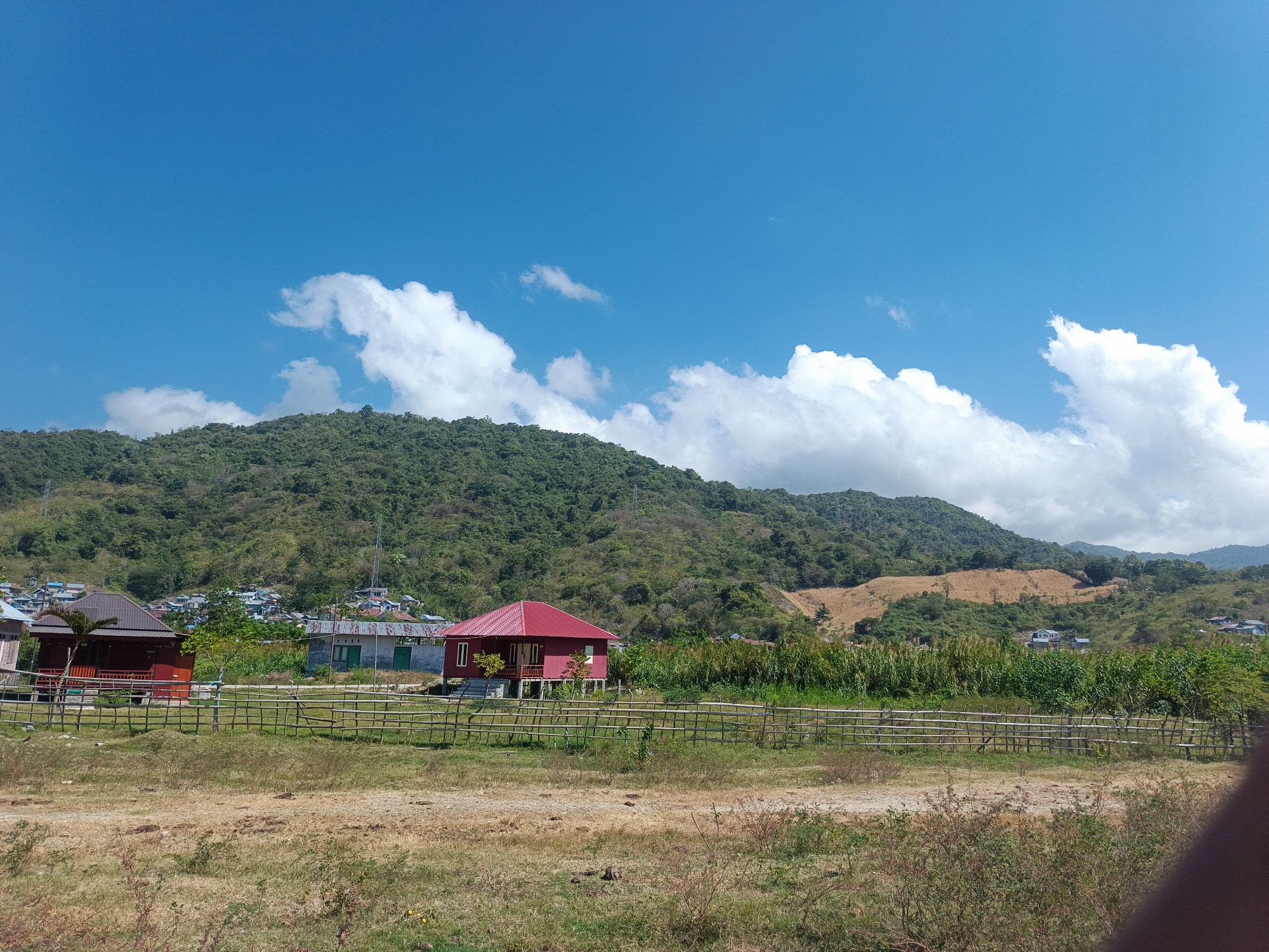 This is a medium shot, eye-level, outdoor photograph taken on a sunny day, likely in Ilotidea, Indonesia, capturing a rural landscape. The foreground consists of dry, yellowed grass and some sparse green bushes. A rustic, wooden fence made of horizontal poles crisscrosses the middle ground. Behind the fence, there are several houses. One prominent house on the left has a dark brown roof and dark red walls, elevated on stilts. To its right, a house with a bright red roof and white walls, also on stilts, is visible. Further back, a cluster of buildings with various colored roofs and walls, indicative of a small village or settlement, is nestled on a green, tree-covered hillside. The background is dominated by rolling green hills, a mountain range, and a bright blue sky with scattered white clouds.