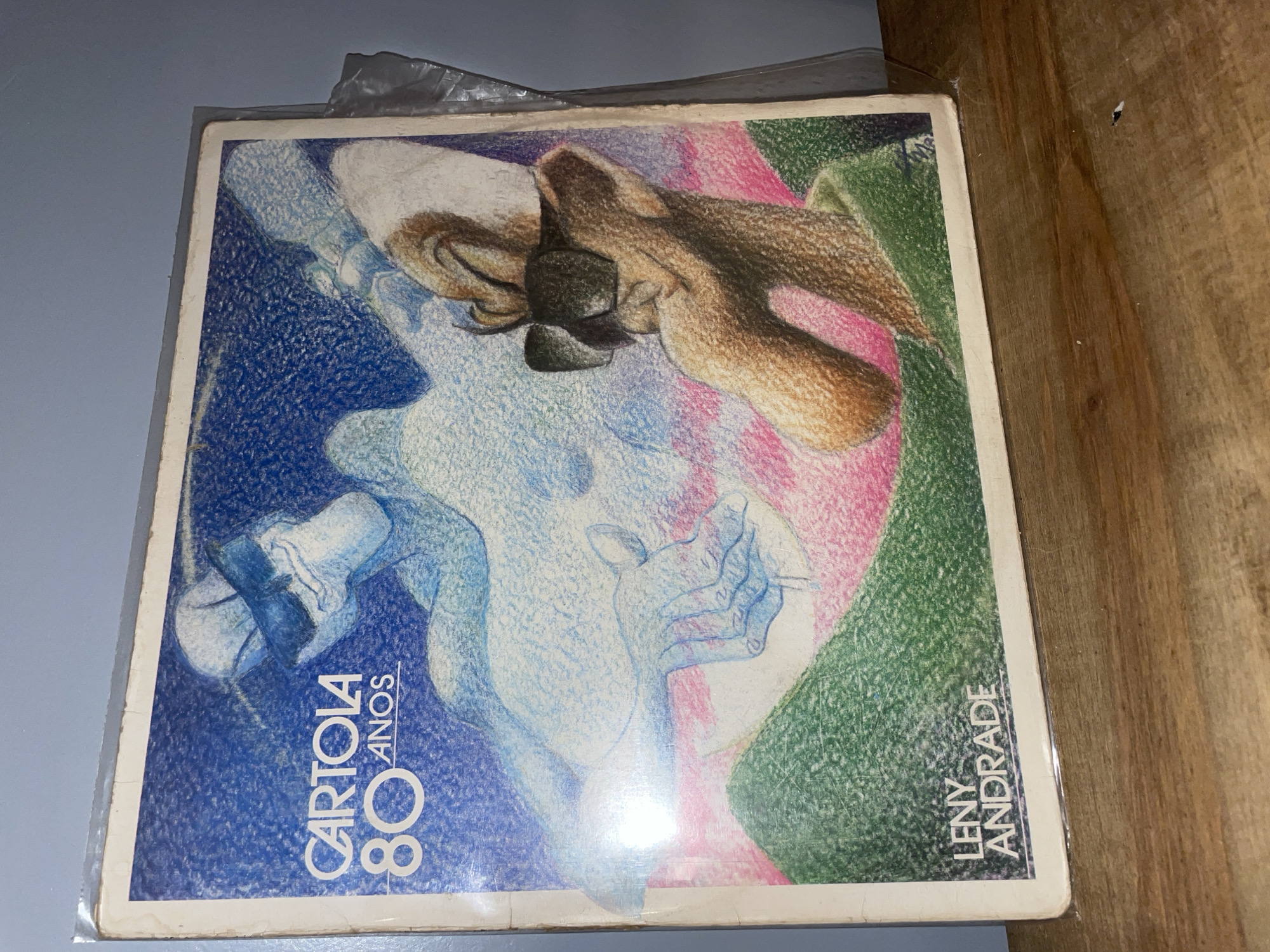 The image shows a square album cover, titled "Cartola 80 Anos," by artist Leny Andrade. The cover features a drawing in colored pencil with a predominantly blue, pink, and green palette. A figure with a hat and a saxophone seems to be depicted in a semi-abstract style. The album cover is enclosed in a clear plastic sleeve and rests on a surface that appears to be half grey and half light brown wood. No information can be provided regarding the location in the city of Buenos Aires, Argentina, from the given image.