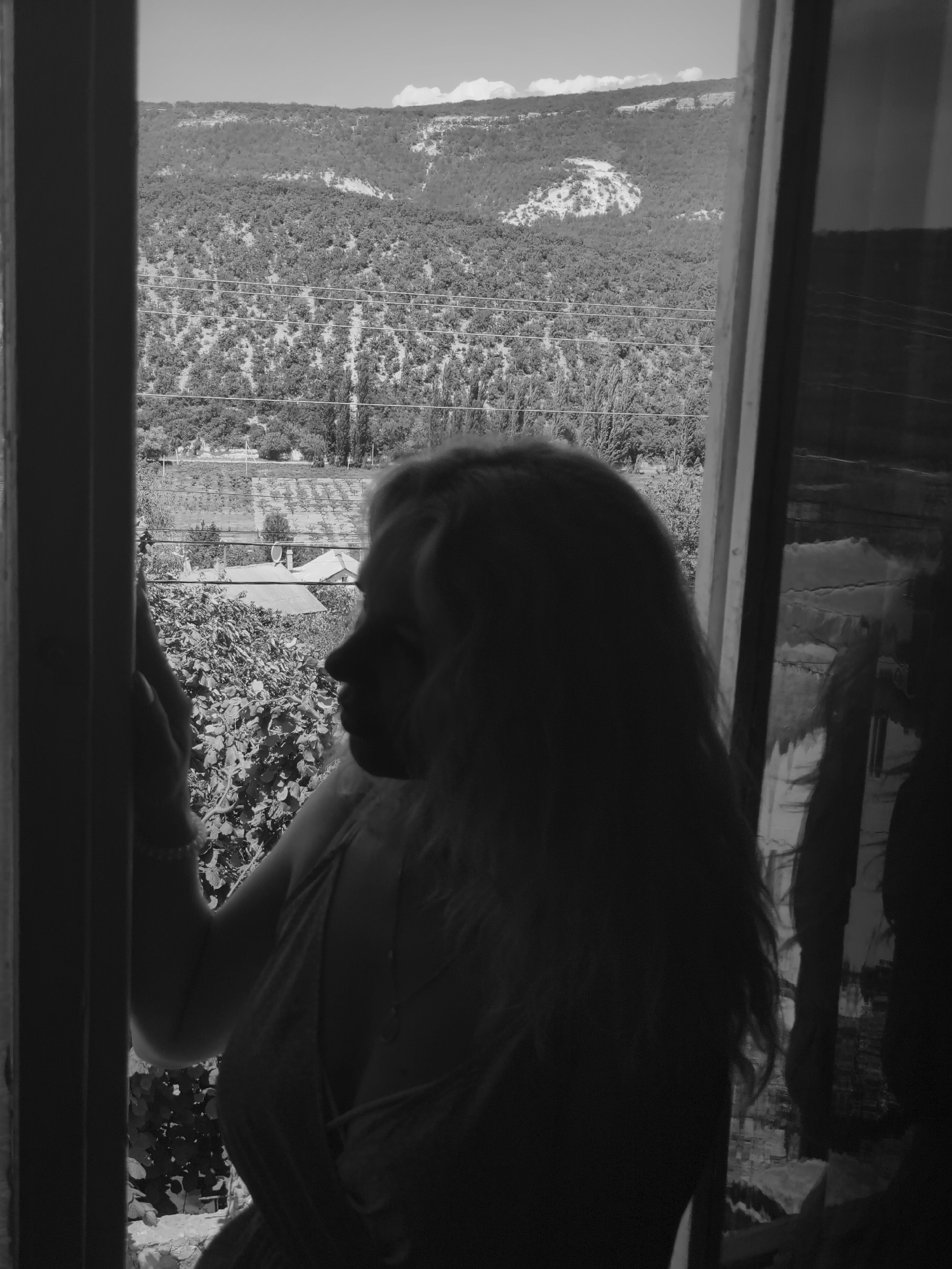 A black and white photograph depicts a female figure in partial silhouette, positioned inside a structure and looking out a window at a sunlit landscape. The woman occupies the lower-right and central portions of the frame. Her profile is visible, facing left, with her head turned to observe the exterior scene. She has long, wavy hair, illuminated by backlighting, creating a halo effect. She wears a thin-strapped garment and a visible necklace. Her left arm is bent, with her hand resting on a dark vertical window frame element on the left side of the image. A bracelet is visible on her left wrist. The right side of her body and the interior space are deeply shadowed. To the right of the woman, a dark, reflective surface, possibly a glass pane or mirror, shows distorted reflections of the interior and possibly parts of the woman.
Beyond the window, a expansive, hilly landscape under a bright sky with scattered clouds is visible. The hills are densely covered with vegetation, primarily trees and shrubs, particularly a large, dark mass of foliage on the dominant hill in the mid-ground. A distinct lighter patch of sparsely vegetated or rocky terrain is visible on the upper-left slope of this hill. Multiple horizontal power lines traverse the middle distance. Below the power lines and extending towards the foreground, agricultural fields or vineyards arranged in rows are discernible. A small house with a pitched roof and a chimney is visible amidst the vegetation in the lower-mid ground, slightly to the left of center. Directly outside the window and below the woman's arm, dense foliage with large leaves is present. The scene is located in Терновский округ, Ukraine.