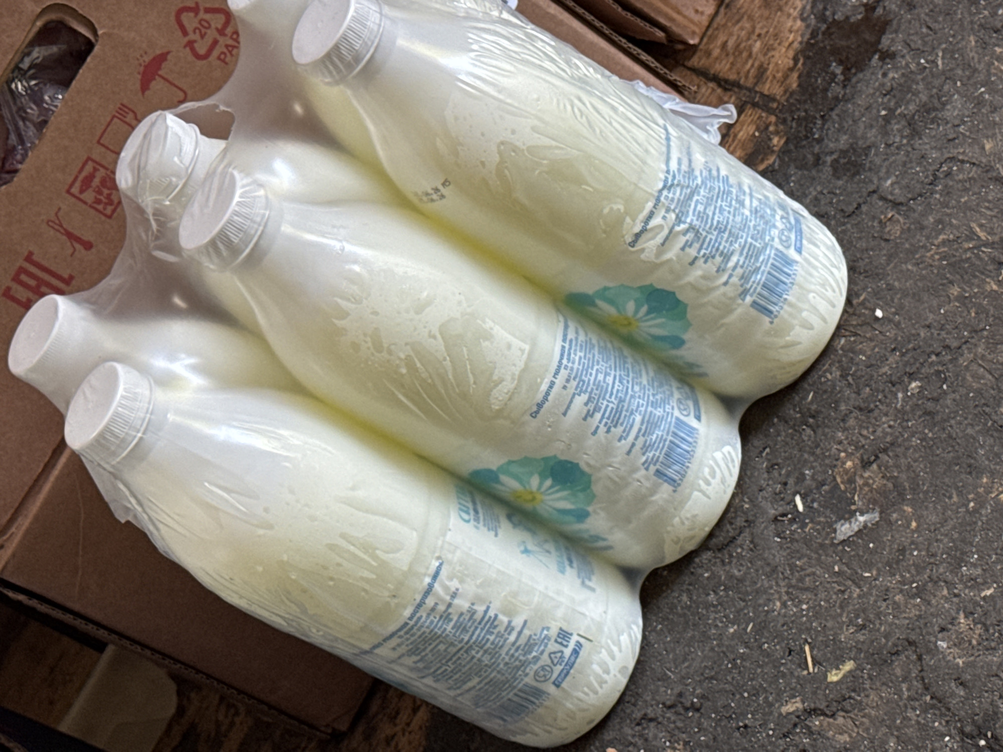 A close-up, eye-level shot captures a six-pack of clear plastic bottles filled with a pale yellow liquid, likely milk or a dairy product. The bottles are shrink-wrapped together and sit in a cardboard box. Some of the bottles have blue labels with text and a graphic of a flower, possibly a chamomile. The box and bottles are resting on a dark, rough surface, possibly asphalt or dirt, with some debris scattered around. The background shows the brown cardboard box and a hint of a wooden surface. The lighting is natural, creating some reflections on the plastic bottles.