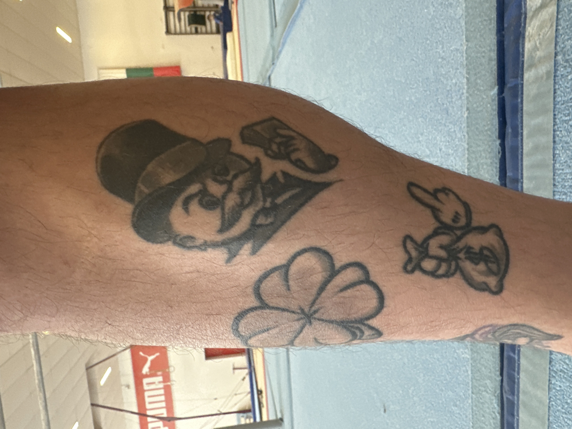 A close-up shot of a person's forearm with several tattoos. Tattoos include: Monopoly man, a hand holding a stack of money, a clover, and a cartoon character giving the middle finger while lying on a money bag. The background shows part of what appears to be a gymnasium or sports facility, featuring a "Puma" logo, and a piece of equipment with red, green, and white colors, possibly a flag. The location appears to be the city of Sofia, Bulgaria.