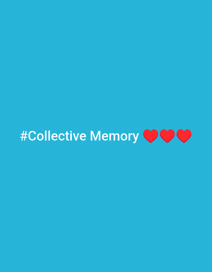 The image is a light blue background with the hashtag "#Collective Memory" in white letters. To the right of the hashtag are three red heart emojis. The image contains no information about the city of Chaikovsky, Russia.