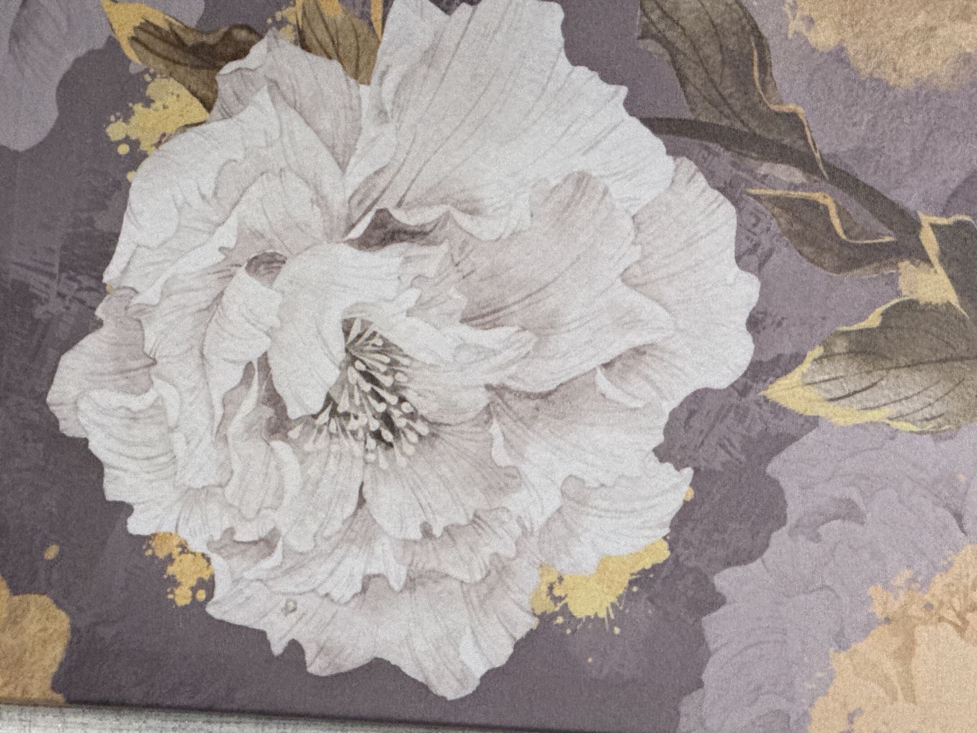Close-up of a floral design on a gray surface. The central element is a large, white peony with densely layered petals. Gray and gold highlights are interspersed throughout the background and on the leaves around the flower.
There is no specific information from the image connecting it to Votkinsk, Russia.