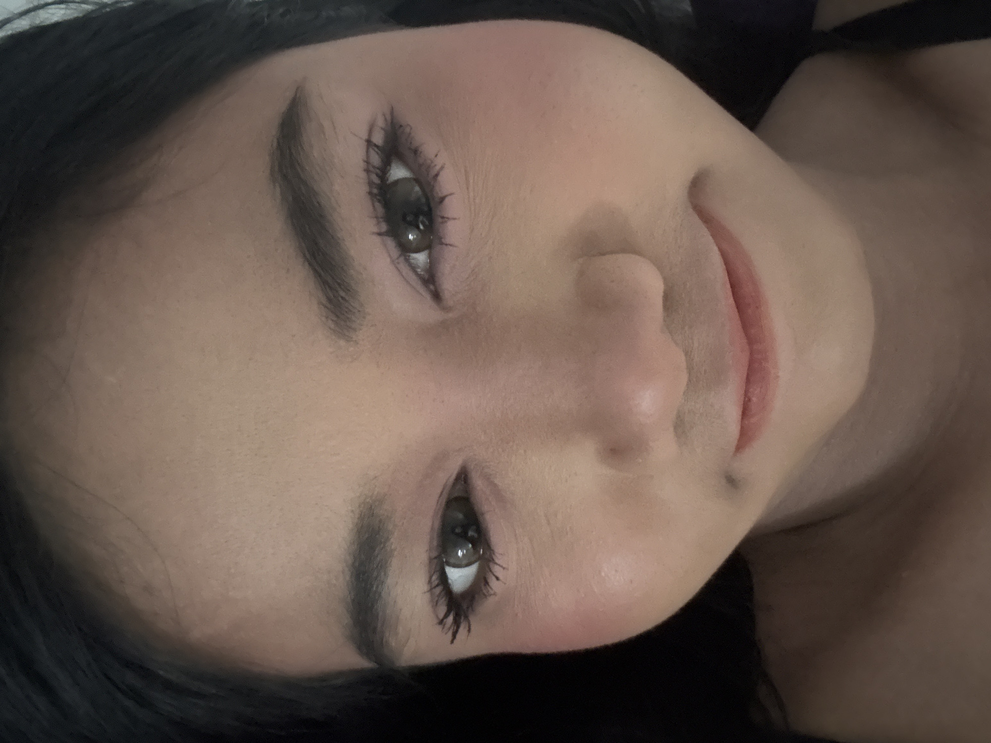 A close-up, front-facing portrait depicts an individual, likely female, located in North Jakarta, Indonesia. The subject's face occupies the majority of the frame, angled slightly downward towards the camera. Dark, prominent eyebrows frame dark brown eyes, which exhibit reflections of ambient light. Eyelashes are accentuated with mascara. The skin displays a natural tone, with visible pores and subtle lines present under the eyes. Rosy blush is applied to the cheeks, enhancing facial contours. The mouth is closed, forming a slight, gentle smile. Dark hair is visible along the upper and lateral edges of the composition. The background is uniformly dark and out of focus, providing no discernible environmental details.
