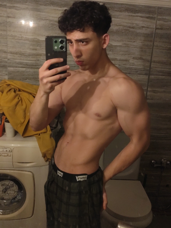 A young male individual is depicted in a mirror selfie taken indoors. He possesses a muscular build with visible abdominal muscles and defined biceps. His dark, curly hair is styled, and he looks directly at the camera with a neutral expression. He is shirtless, wearing only dark green plaid pajama-style pants featuring a black waistband with "LEVI'S" branding. His left hand, viewed from the subject's perspective, holds a dark-colored smartphone with a visible multi-lens camera array, used to capture the mirror reflection. His right hand rests on his hip. The background elements include a white front-loading washing machine to the left, partially covered by a crumpled yellow garment. To the right, a white toilet with a closed lid is visible. The room's walls are tiled with light-colored, horizontally patterned material. The specific location within As-Salihiya Municipality, Syria, cannot be determined from the image's visual context.