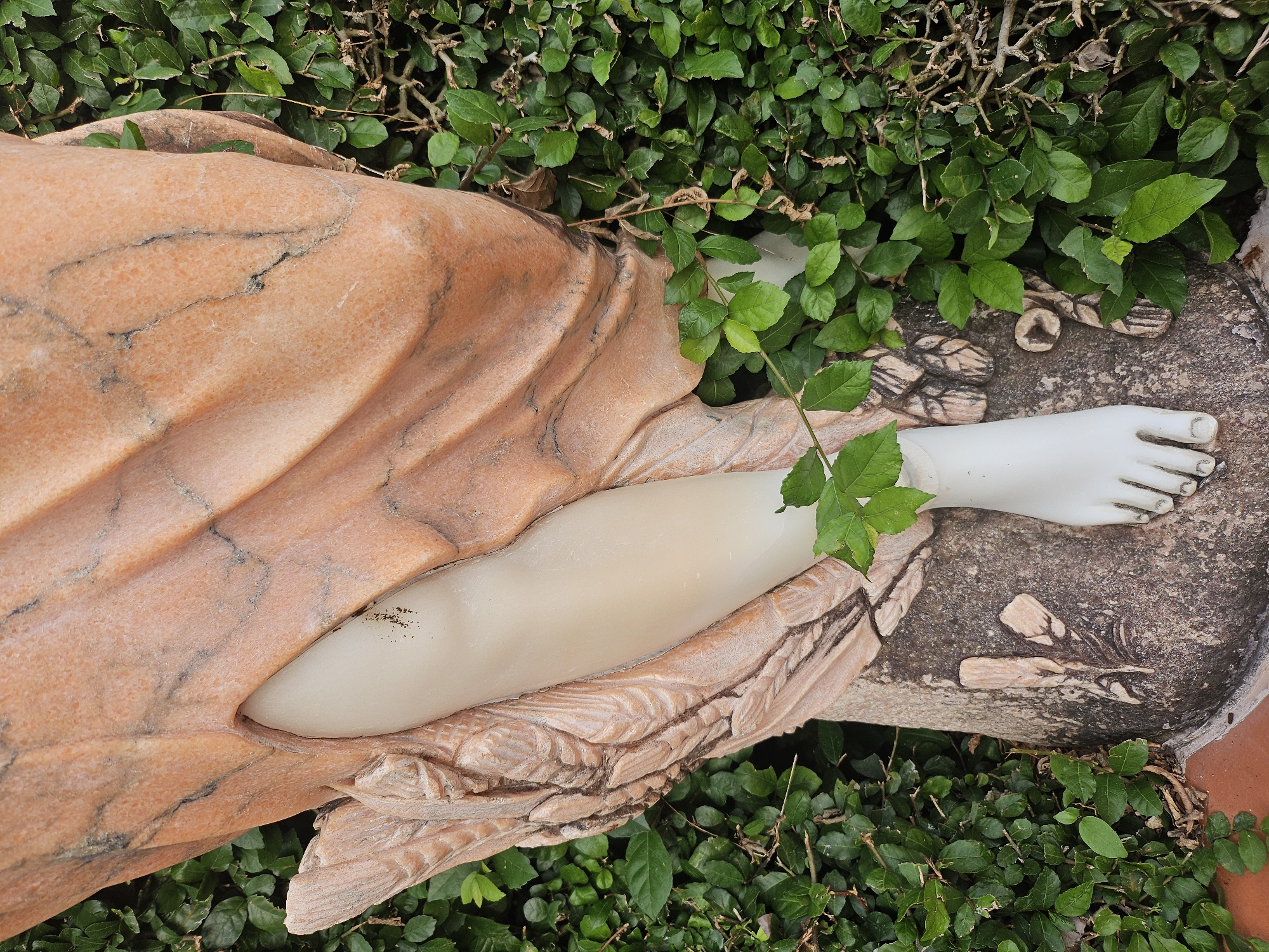 The image shows the lower half of a marble statue of a person, partially obscured by lush green foliage. The statue appears to be made of two different colored marbles: a pale, creamy white for the leg and foot, and a reddish-orange with dark veins for the draped fabric. The fabric is sculpted to show folds and creases, and it partially covers the left leg and the base. A wing-like or feathered element is visible carved into the base to the left of the leg. The statue stands on a rough, stone base that also features some carved details, resembling leaves or feathers. The environment is a garden or outdoor setting with dense green leaves and branches surrounding the statue and growing up around its base. A few dried brown leaves are also visible interspersed with the green foliage. The statue's foot is clearly visible, with sculpted toes. The scene is captured from a top-down perspective. The image is not specific to Na Chom Thian, Thailand, and no specific location information can be determined from the visual content.