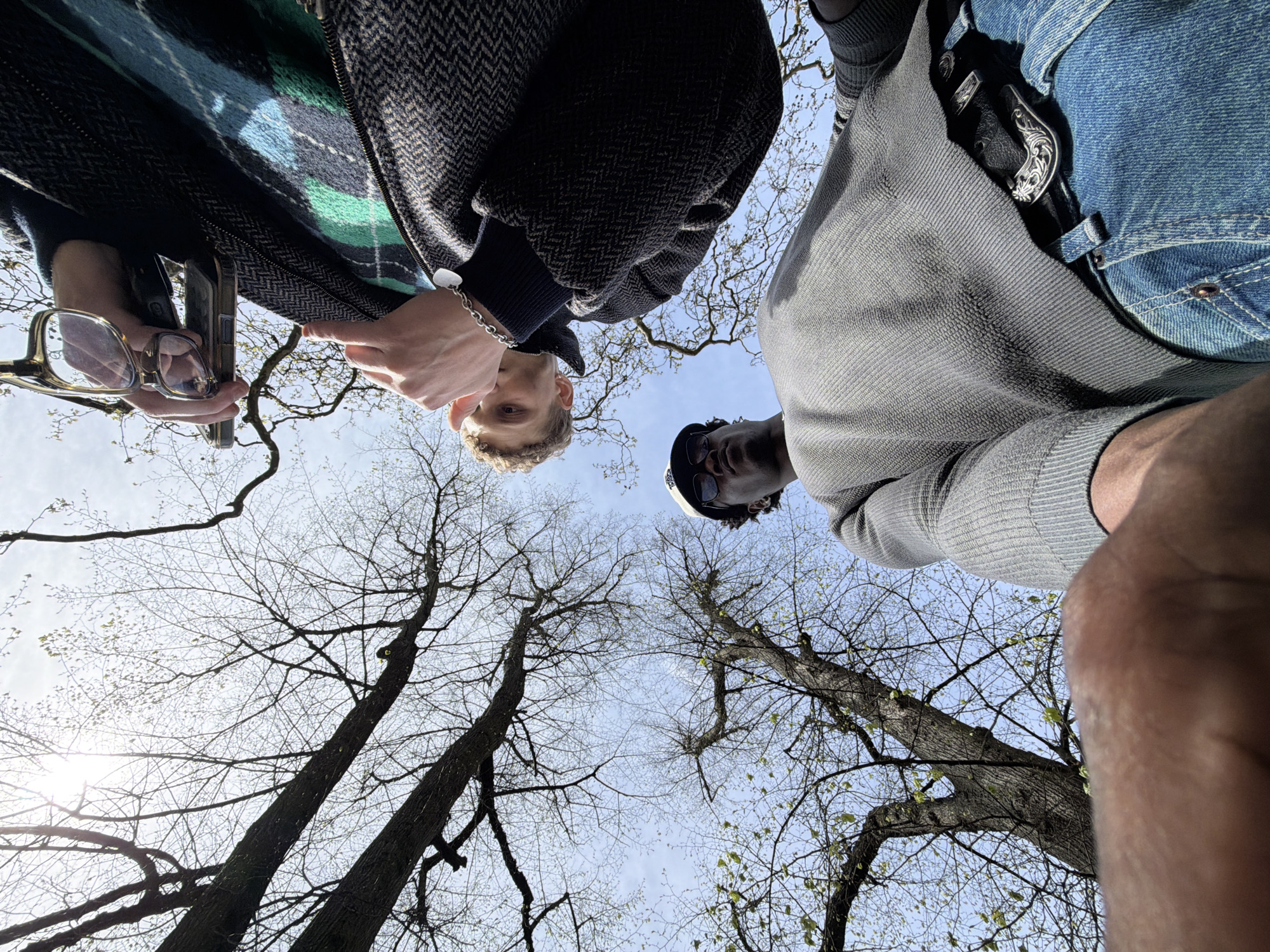 Low-angle shot, likely a selfie from below, shows two fair-skinned and one dark-skinned individuals. One fair-skinned individual, holding glasses and two smartphones, wears a tweed jacket with a blue and green plaid design. A second fair-skinned person is seen in a dark jacket. The dark-skinned individual wears a gray sweater and blue jeans with a belt. Bare trees reach into the blue sky, branches intertwining, suggesting a park or wooded area. The location is likely London, United Kingdom based on the architecture style, weather, and vegetation.