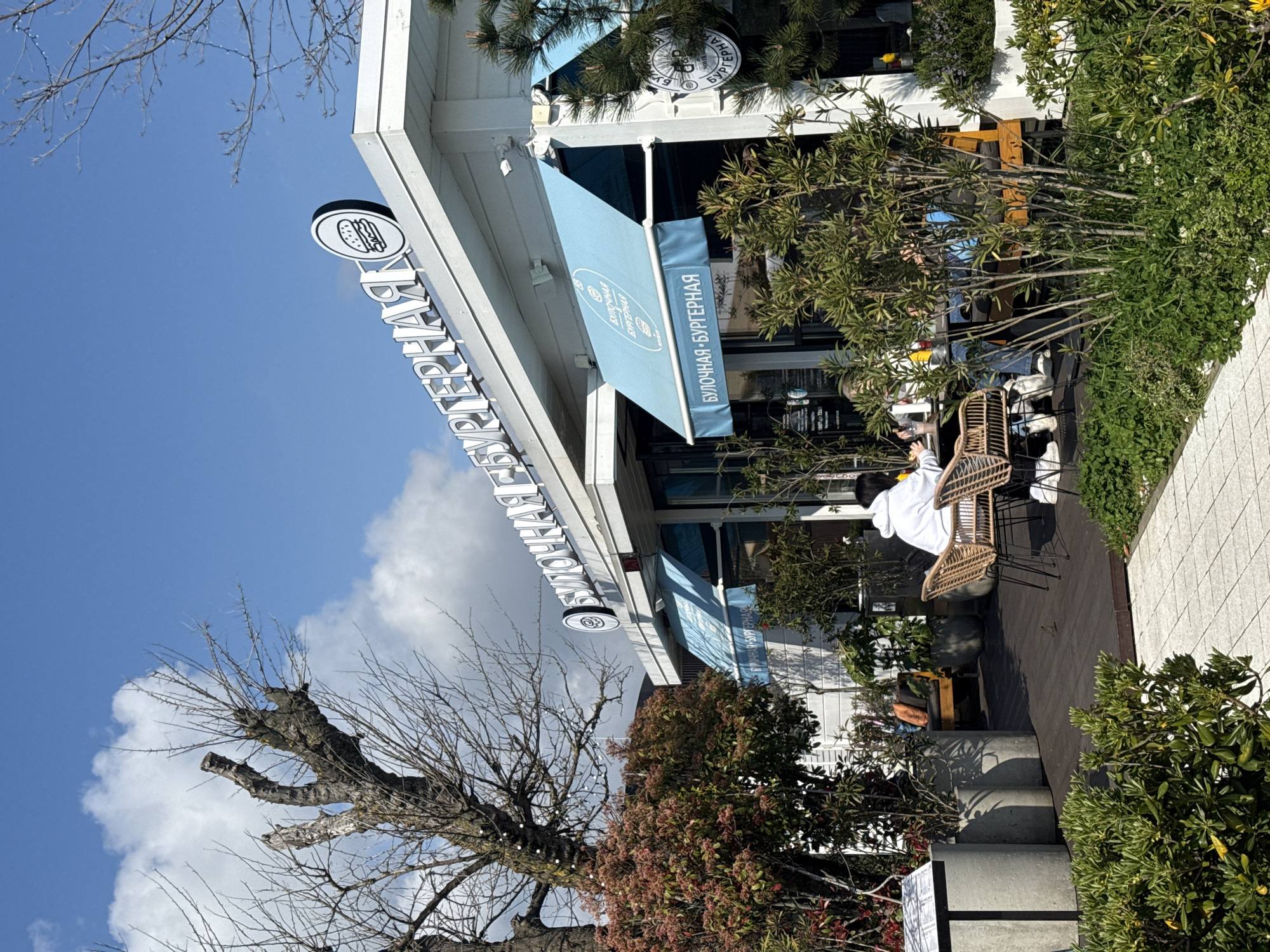 The image captures an outdoor scene at a bakery and burger joint in Sochi, Russia, on a bright, sunny day with a clear blue sky and some white clouds. The perspective is looking up at the establishment, which features a white-painted building with a light blue awning.
On the front of the building, a prominent vertical sign displays a stylized burger icon above the Cyrillic text "БУЛОЧНАЯ - БУРГЕРНАЯ" (Bulochnaya - Burgernaya), which translates to "Bakery - Burger Joint." This same text and burger icon are also visible on the light blue awning, indicating the dual nature of the establishment. Further back on the building, another circular sign also features the burger icon and the word "БУРГЕРНАЯ" (Burger Joint).
In front of the building, there is an outdoor seating area on a dark-colored deck or patio. Several rattan chairs and tables are arranged, with one person visible wearing a white top, seated at a table. The area is surrounded by lush green foliage, including bushes and small trees. To the left, a large, bare-branched tree stands against the sky, indicating a possible late autumn or early spring season. Concrete planters and steps are also part of the outdoor landscaping. The overall atmosphere suggests a casual and inviting outdoor dining or lounging space.