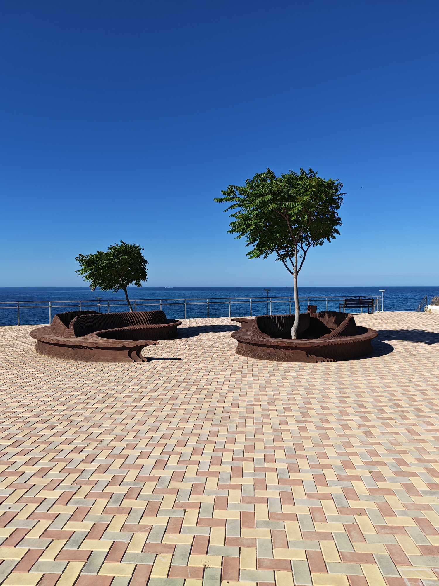 This is a vertical, eye-level shot of a promenade along the Caspian Sea in Aktau, Kazakhstan, on a clear, sunny day. The foreground is dominated by a paved area with interlocking beige, red, and grey rectangular pavers laid in a herringbone pattern. Two distinct, large, sculpted brown benches with integrated planters are positioned on the promenade. The bench in the foreground is larger and more prominent, with a young tree growing from its center. A second, smaller bench with a tree is visible further back to the left.
In the middle ground, a metal railing runs along the edge of the promenade, separating it from the sea. The Caspian Sea is a deep blue, with a few distant boats visible on the horizon. The sky is a vibrant, cloudless blue, stretching across the upper half of the frame. The lighting suggests it is daytime, likely midday or early afternoon, casting distinct shadows from the benches and railing onto the pavement. No people are visible in the image.