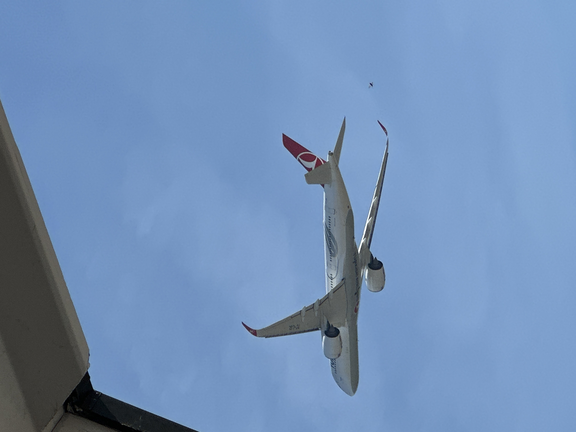 From a vantage point near a building, an airplane is observed flying overhead in the blue sky in Somma Lombardo, Italy. The aircraft is viewed from below, its undercarriage and engines visible. The tail is distinctly marked with a red and white emblem. An additional object, possibly a bird, is also visible in the sky near the plane. The overall environment suggests an outdoor setting.